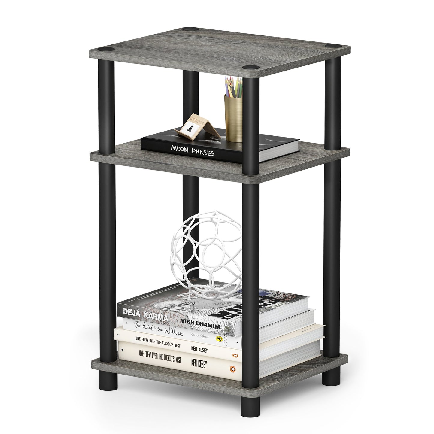Furinno JUST Side Table, 3-Tier End Table, Open Shelves Night Stand, Bedside Table, Toolless Assembly, for Living Room, Bedroom, French Oak