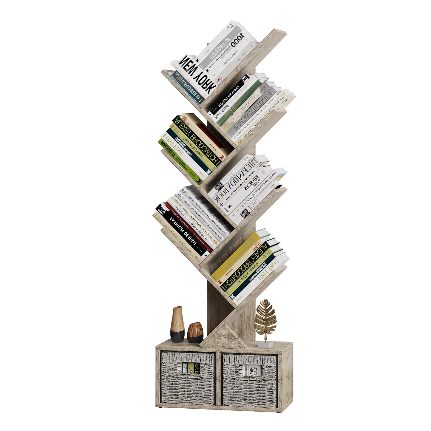 Vagusicc 6 Tier Tree Bookshelf with 2 Storage Baskets, Tall Display Shelf Organizer for Books, Magazines, Home Decor