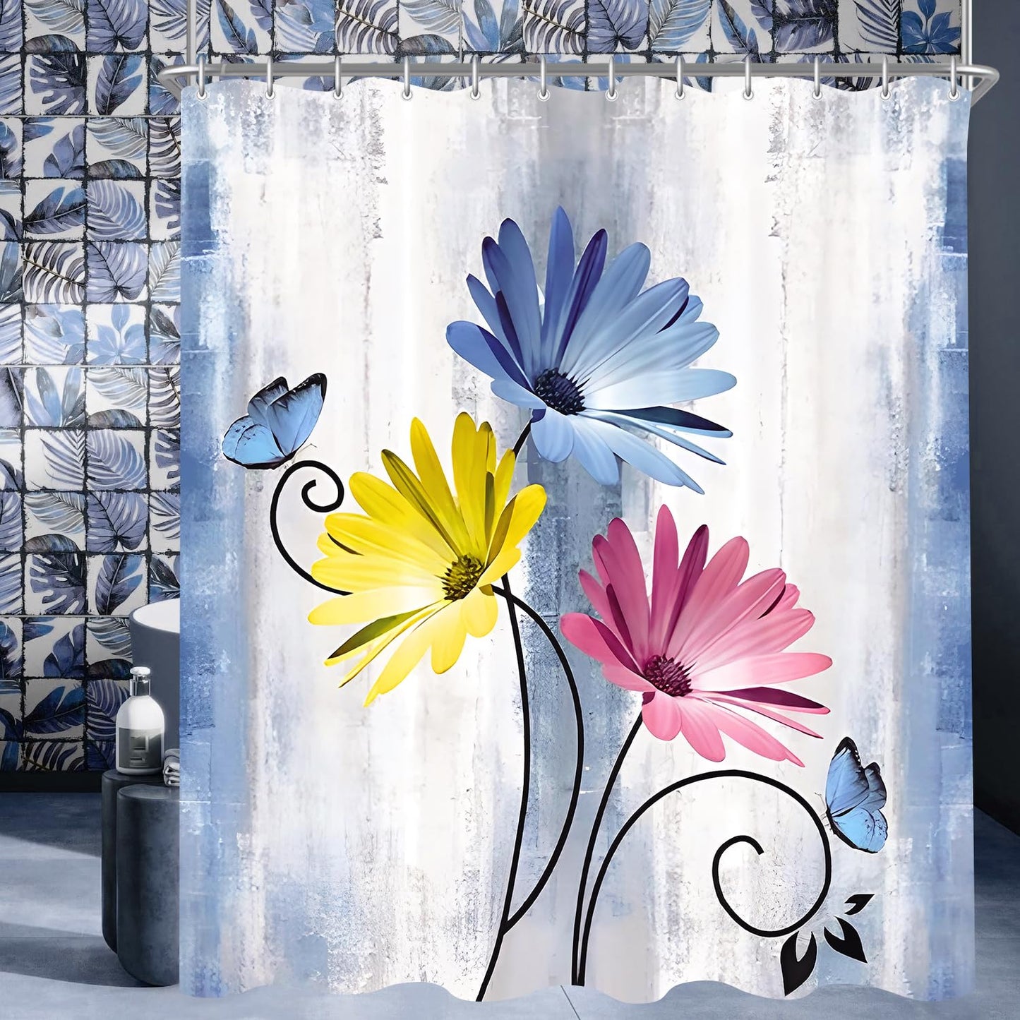 Shower Curtain, 180 x 200 cm, Blue Daisies Butterflies Motif, Weighted Hem, Anti-Mould, Water-Repellent