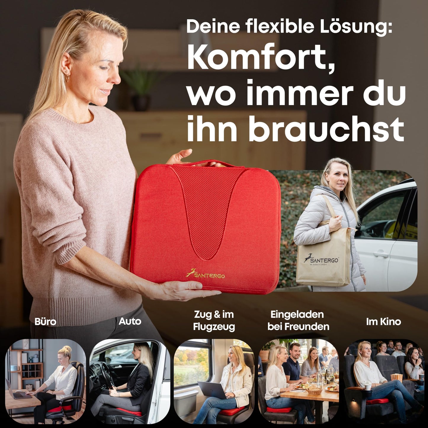 SANTERGO Ergonomic Seat Cushion Made of Moulded Foam [Patented & Dimensionally Stable] Chair Cushion Wedge Cushion Chair Office Chair Wheelchair Car