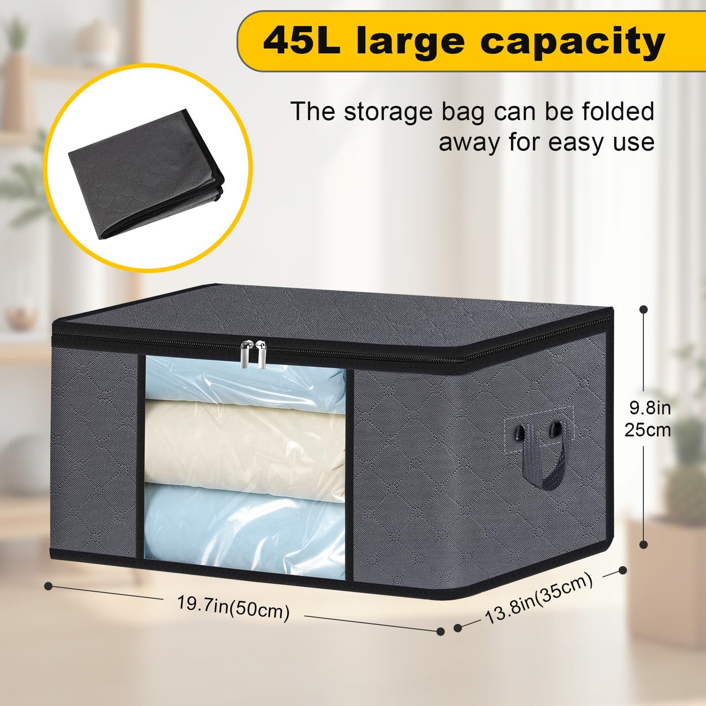HiBaBy 45L Clothes Storage Bag, Foldable Storage Boxes with Lids Underbed Wardrobe Storage Organiser with Clear Window Moving Bags for Clothing