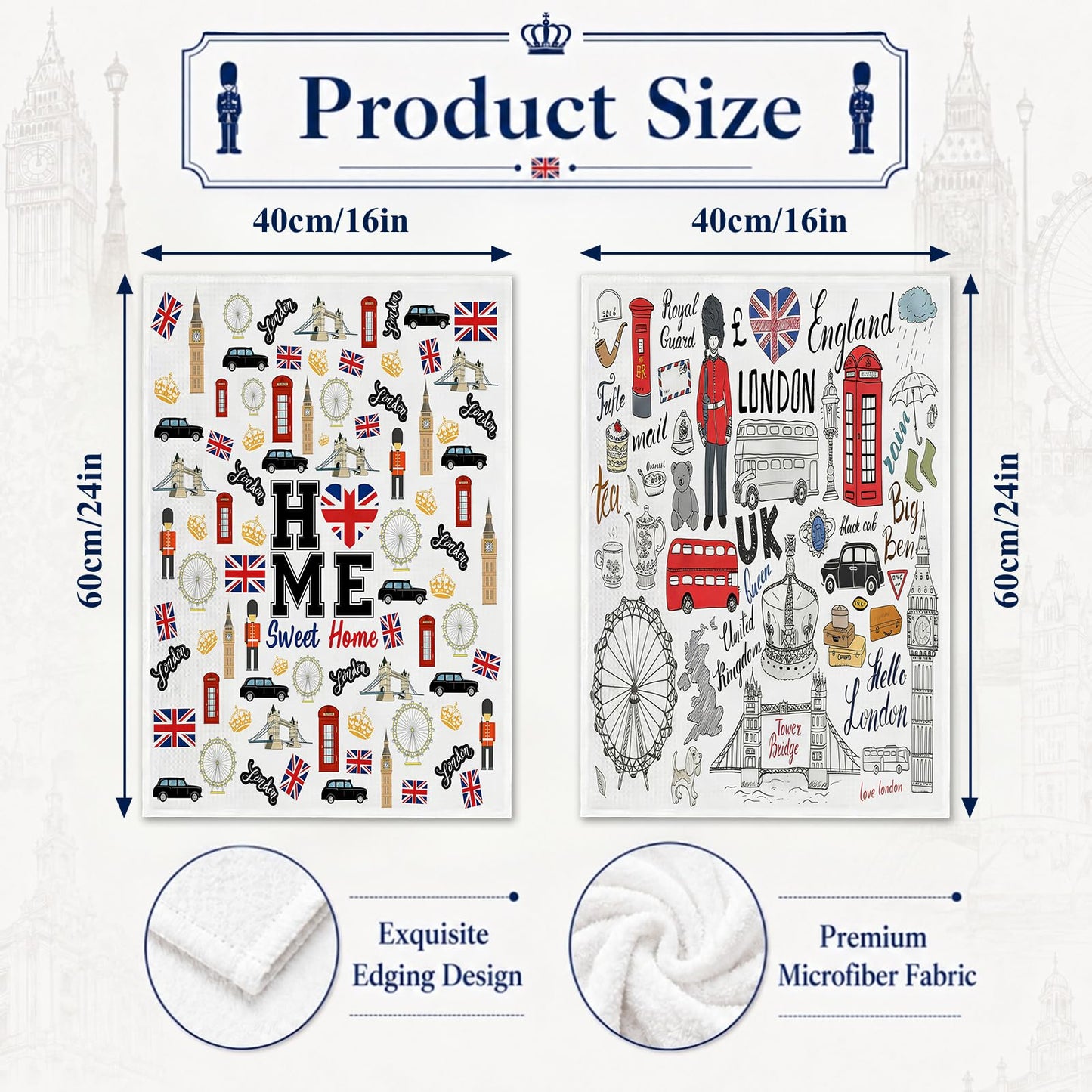 Nevicor 2 Pcs London Tea Towels, Travel London Souvenirs Gifts Kitchen Towels, Absorbent Microfiber Kitchen Hand Towels with Iconic Landmark Design