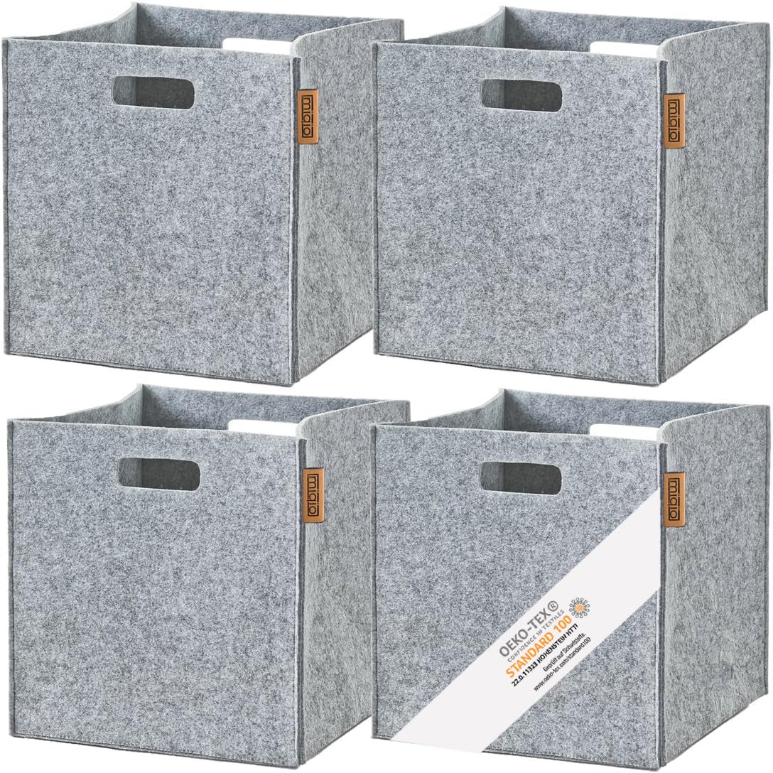 Miqio® Design Felt Storage Box Set of 4 | 30 x 30 x 30 cm | Organizer Folding Box | Storage Basket | Kallax Shelf Insert | Light Grey
