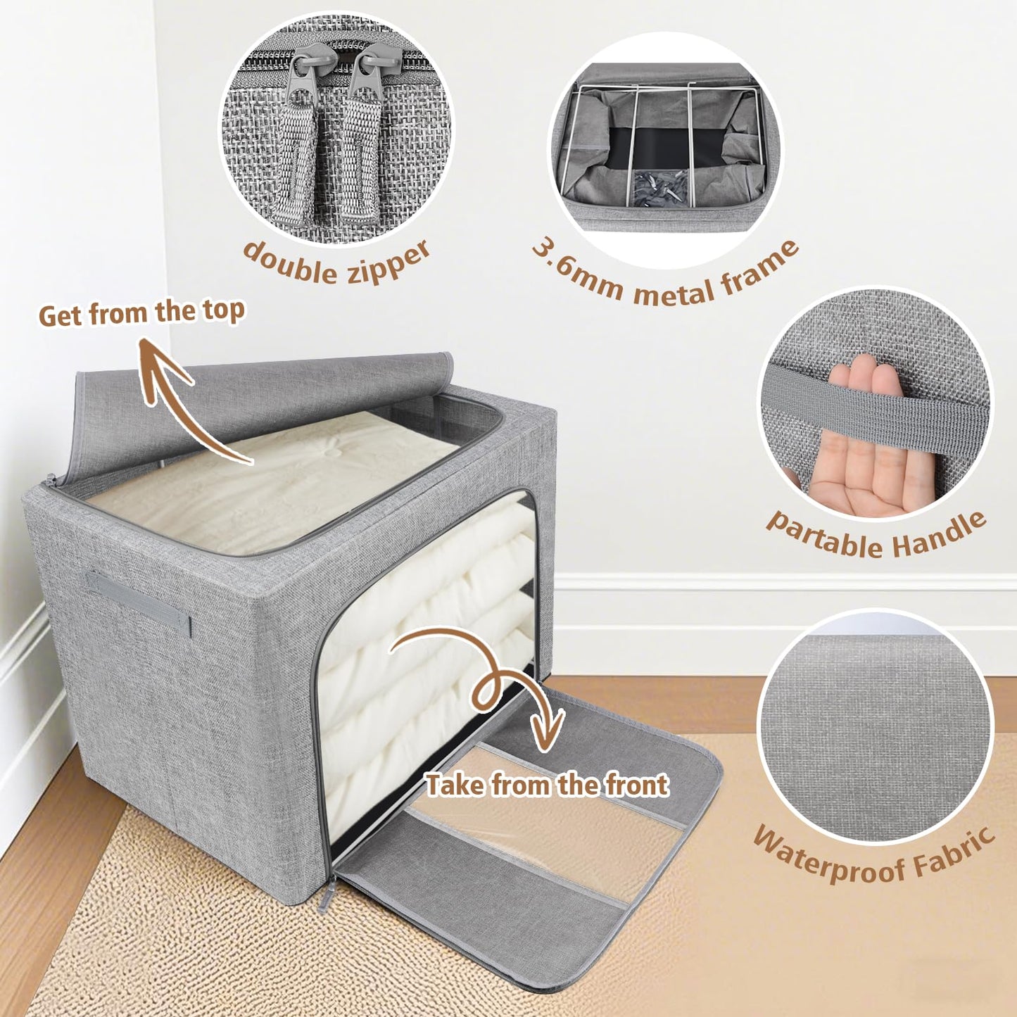 Eyeleaf Storage Bags with Zips, 3PCS Linen Clothes Storage Bag 24L 66L 100L Large Storage Bags Foldable with Metal Frame Lid Clear Window Durable
