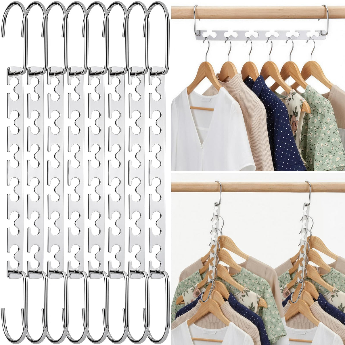 HOUSE DAY 8Pcs Magical Hangers Closet Space Saving Wardrobe Clothing Magic Hangers Oragnizer Heavy Chrome Hanger, Updated Hook Design 26cm Long