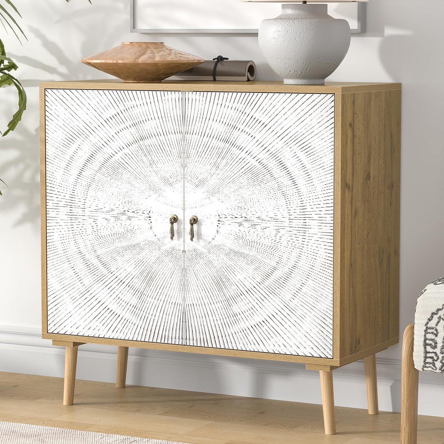 Skokliz Accent Cabinet with 2 Doors, Carved Storage Cabinet with Adjustable Shelf, Decorative Sideboard Buffet Cabinet with Solid Wood Feet