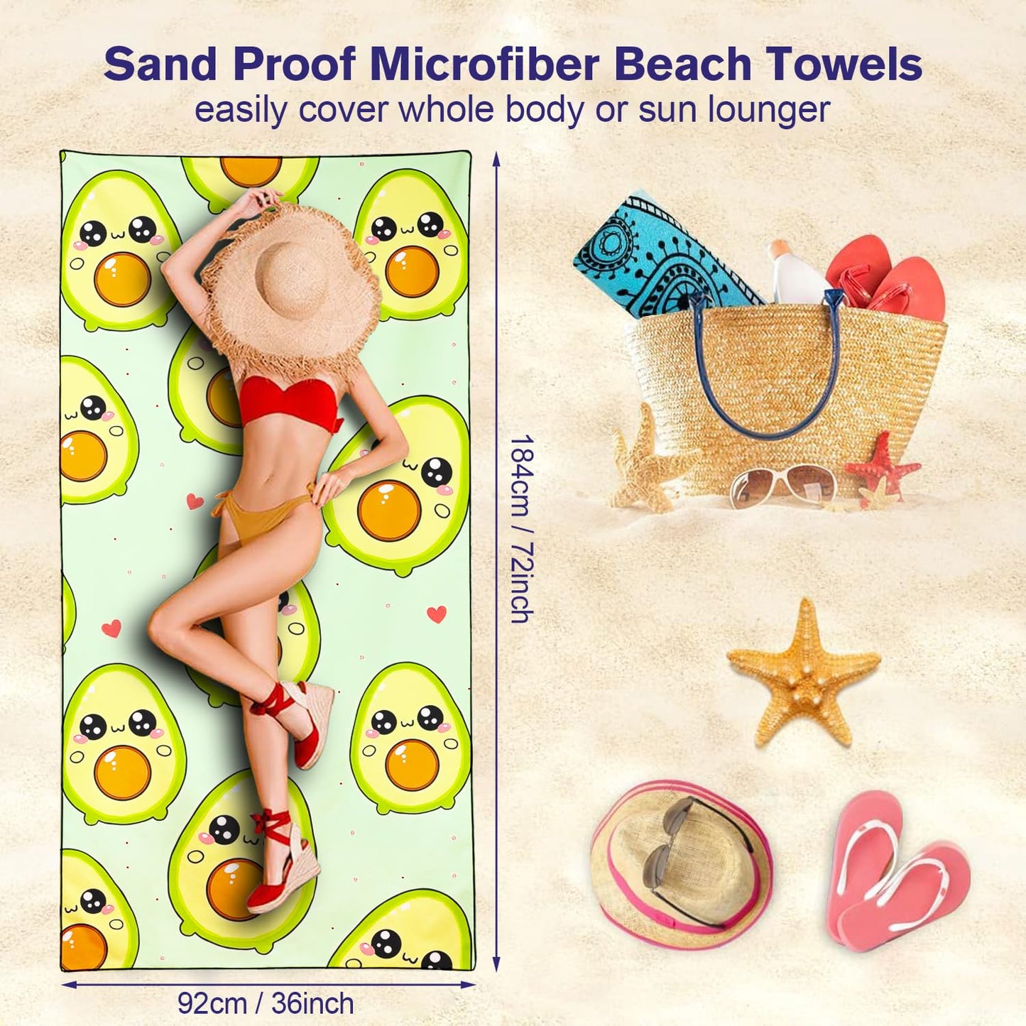Violetpos Cute Avocado Beach Towel, Extra Large 180x90 cm 250GSM Microfibre, Sand Free Quick Dry