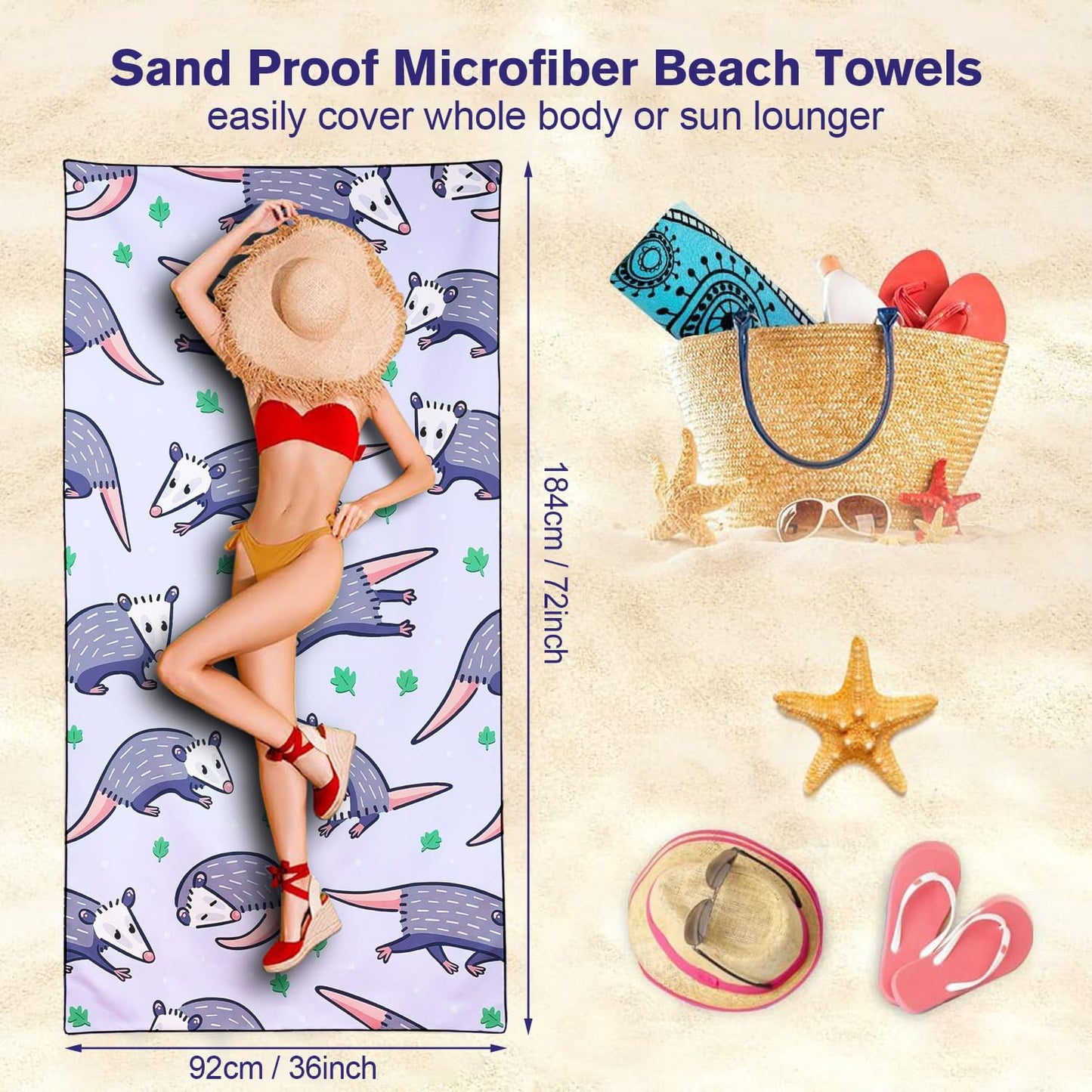Violetpos Cute Opossum Print Beach Towel, Extra Large 180x90 cm 250GSM Microfibre, Sand Free Quick Dry