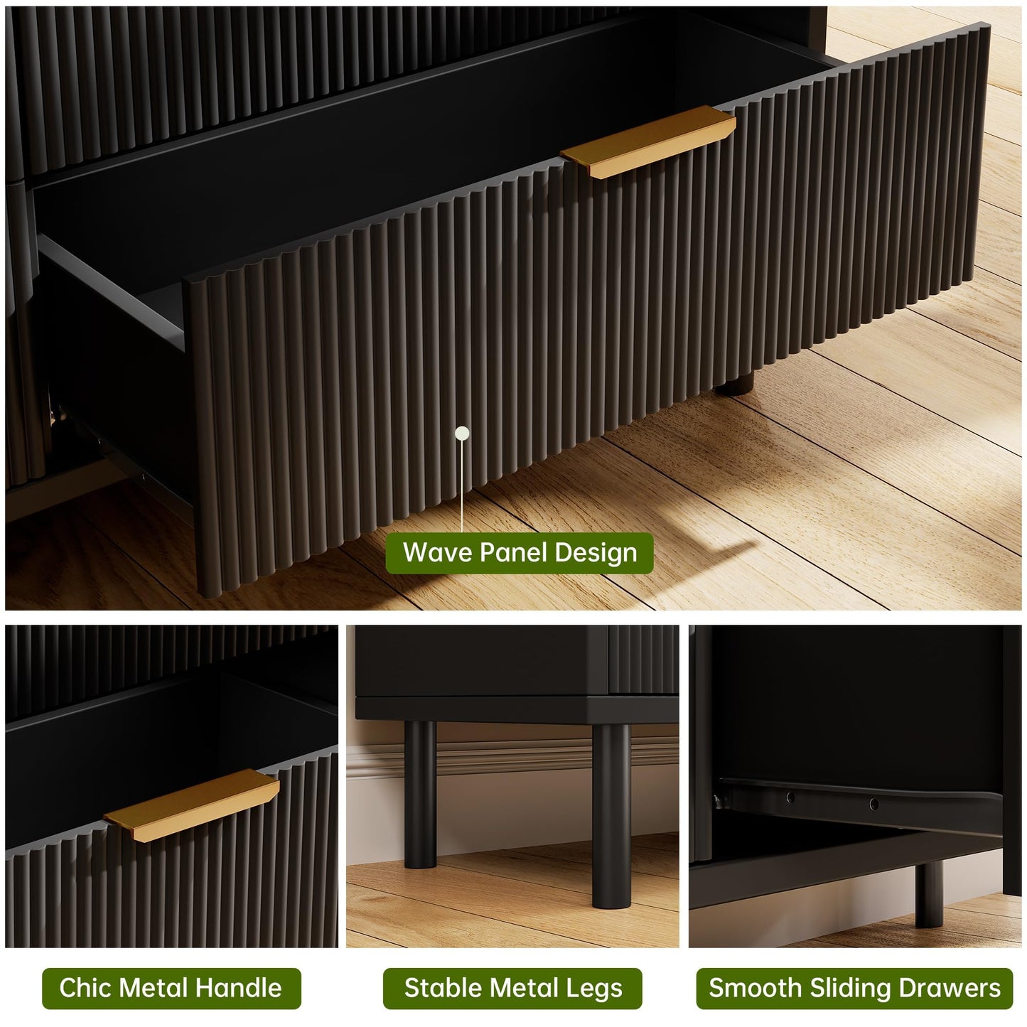 Chest of Drawers, Fluted Dresser for Bedroom with 3 Drawers, Metal Legs & Handles