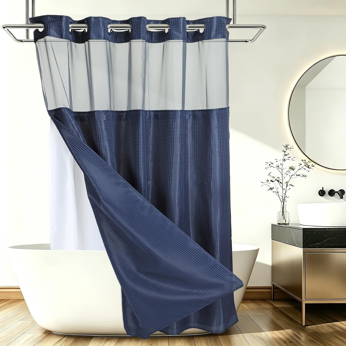 DTGN No Hook Shower Curtain, 180Wx183L cm Polyester Snap-in Removable Liner Set, Waterproof Washable Waffle Weave Textured Shower Curtains for Home