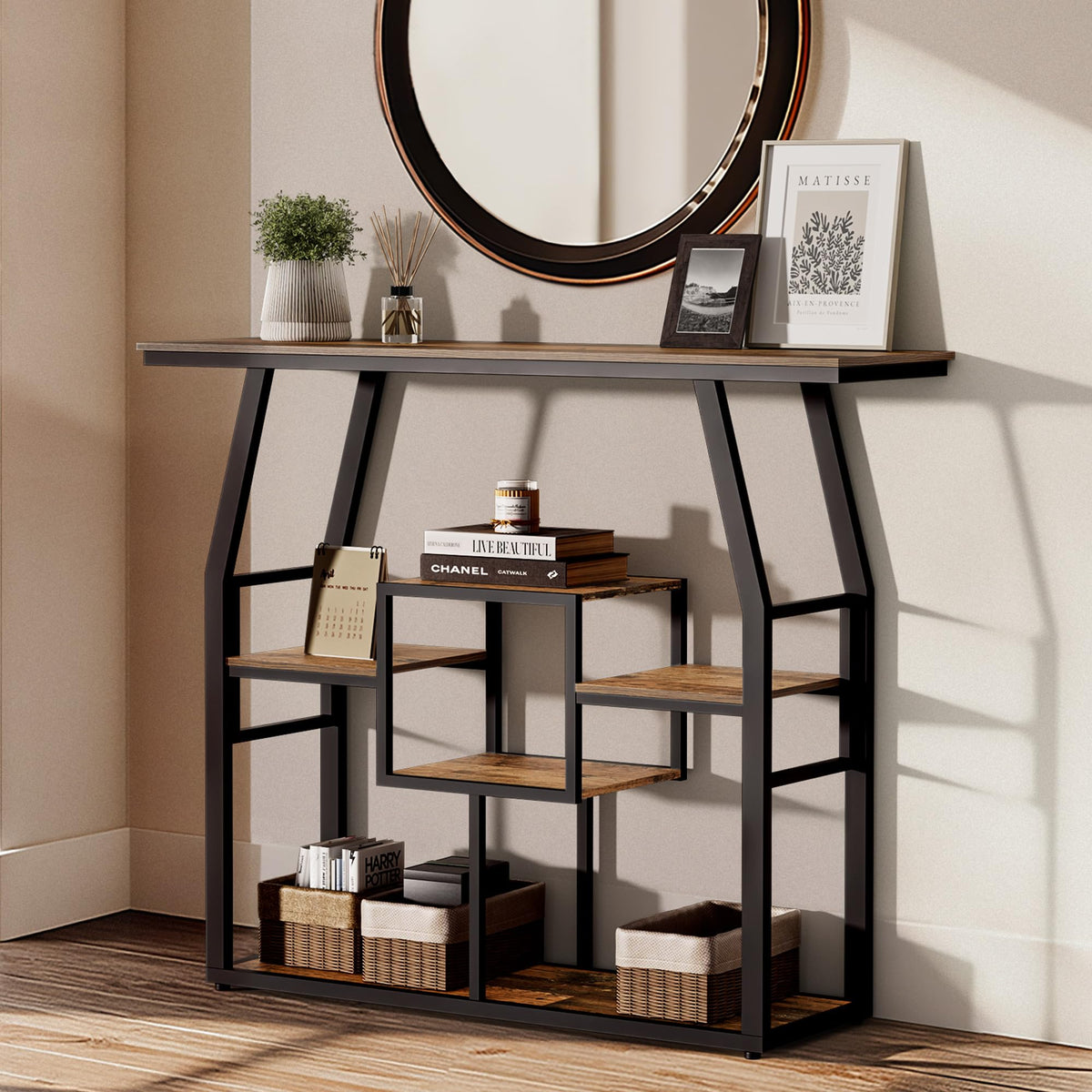 Pampaic Console Table, 6-Tier Slim Sofa Table,105 x 30 x 85cm, Hallway Table with Adjustable Foot Pads, Behind Couch Tables for Living Room, Entryway
