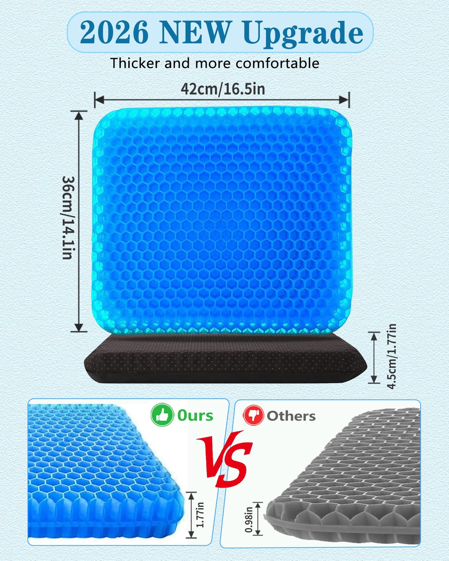 2026 Upgraded Soft Gel Seat Cushion, 42*36*4.5cm Extra Thick Honeycomb Cushion, Cooling Breathable Chair Pad with Washable Non-Slip Cover
