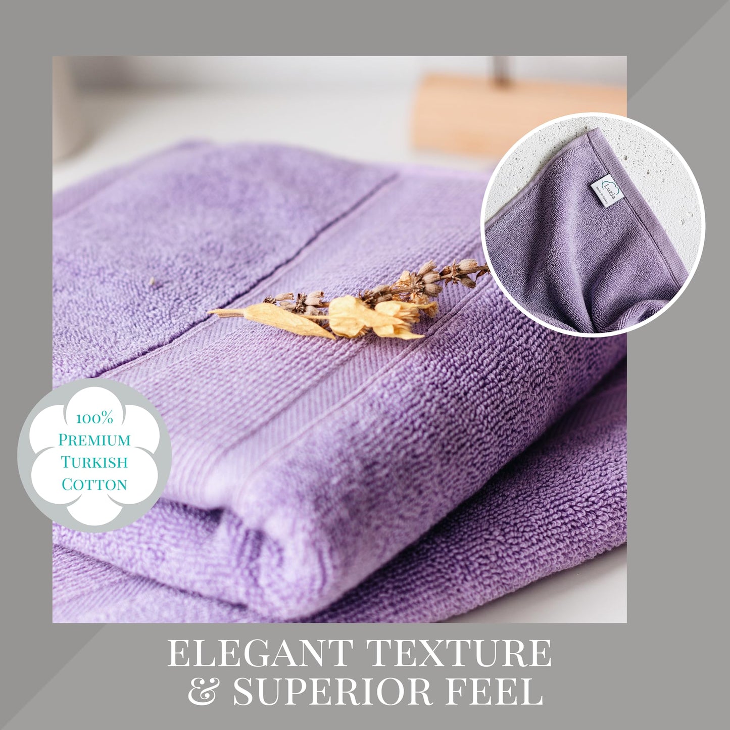 Luzia 8 Piece Towel Set - 100% Turkish Cotton, Premium Quality - 2 Bath Towels 2 Hand Towels and 4 Washcloths (Lavender)