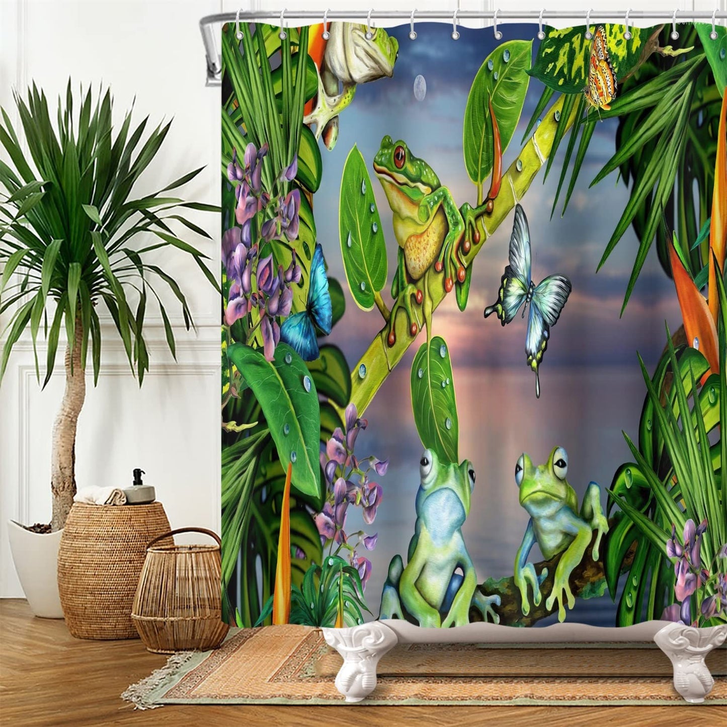 SDOTPMT 90x183cm Frog Shower Curtain Butterfly Cute Funny Animal Green Plant Leaves Flower Bath Curtain Summer Forest Natural Scenery Bathtub Curtain