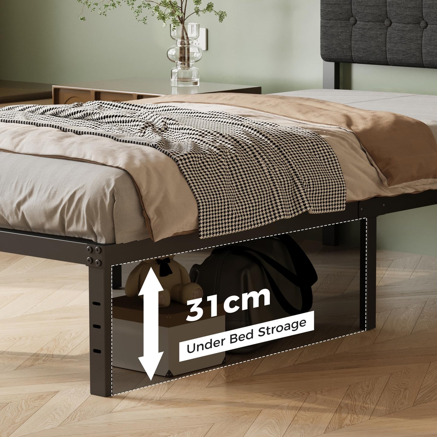 Lutown-Teen Single Bed Frame with Black Upholstered Headboard