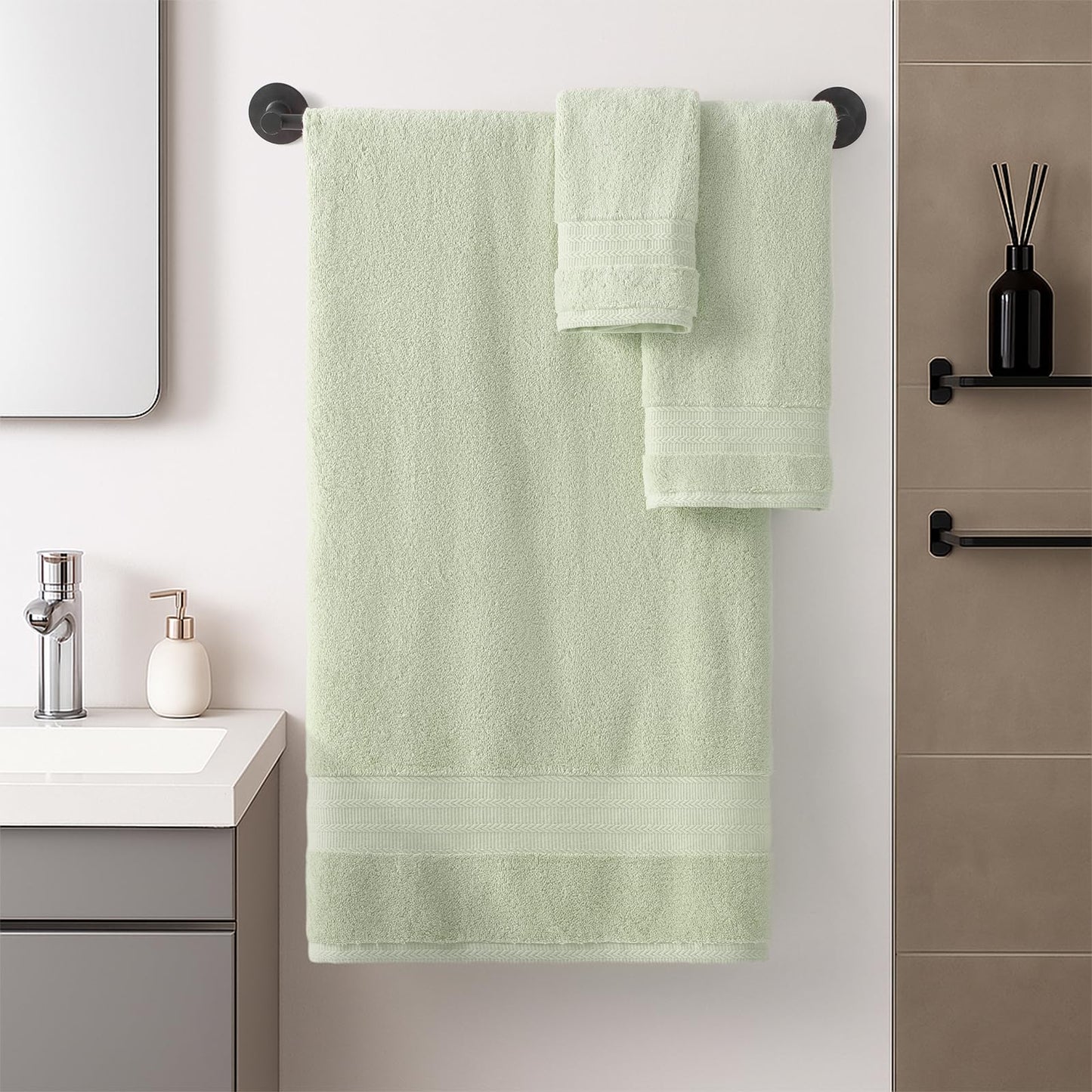 REDKISS 8 Piece Sage Green Towels Set with Hanging Loop-Quick Drying & Soft