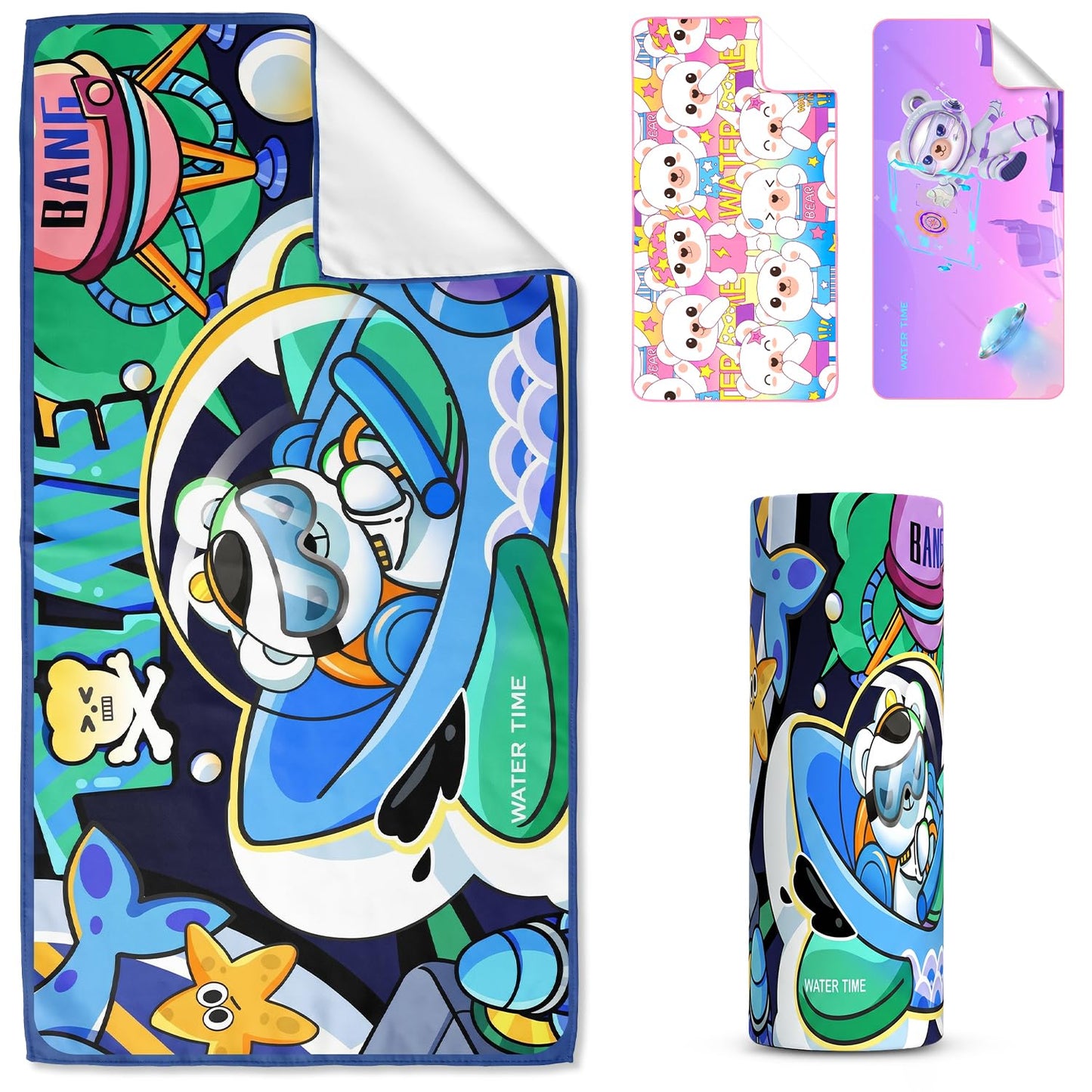 WATER TIME Cute Bear Kids Towel Folds Tiny Sand-Free 3x Fast Dry, Style-B