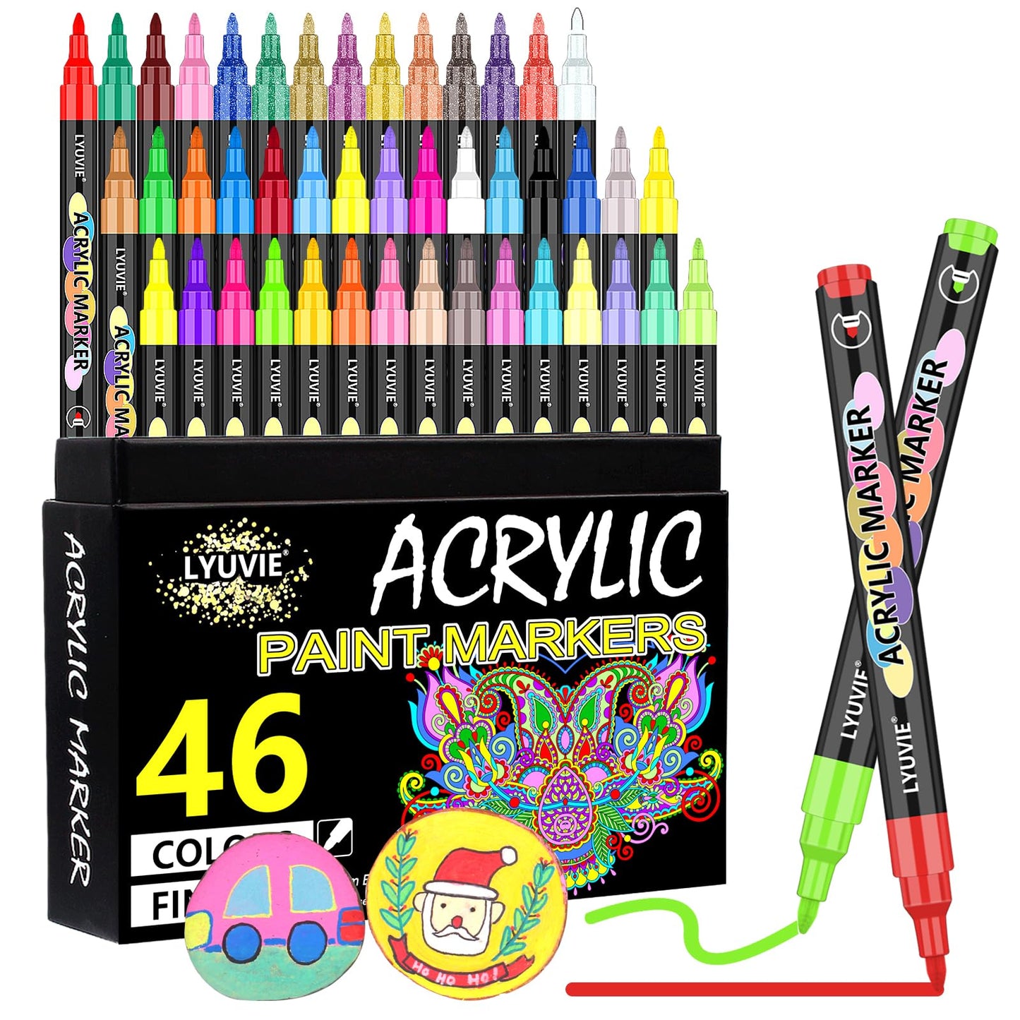 Lyuvie Acrylic Paint Pens,46 Colours Acrylic Pens for Rock Painting Fabric Glass Pebbles Stone Metal Wood Ceramic,Water-Based Permanent Paint Pens