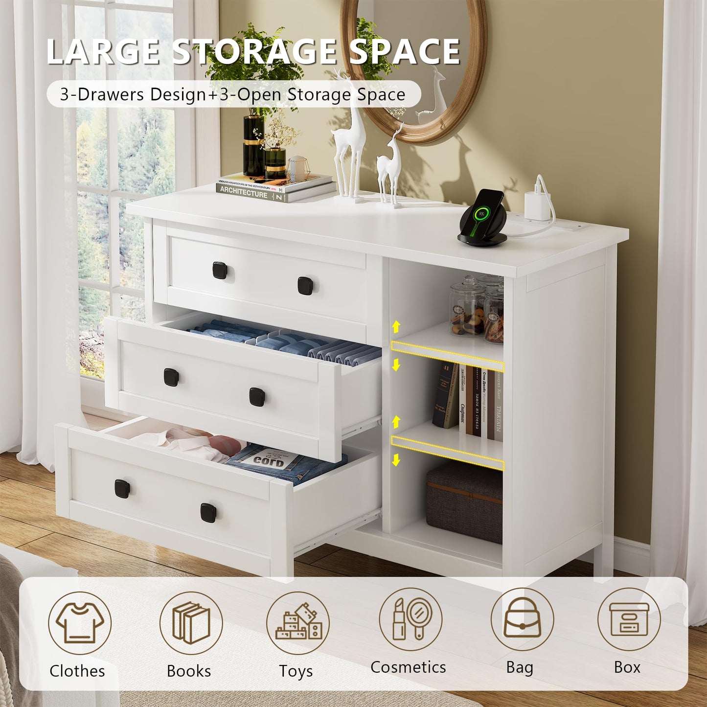 Feonase White Chest of Drawers Bedroom with Charging Station, 3 Drawer Chest of Drawers with Open Storage Unit