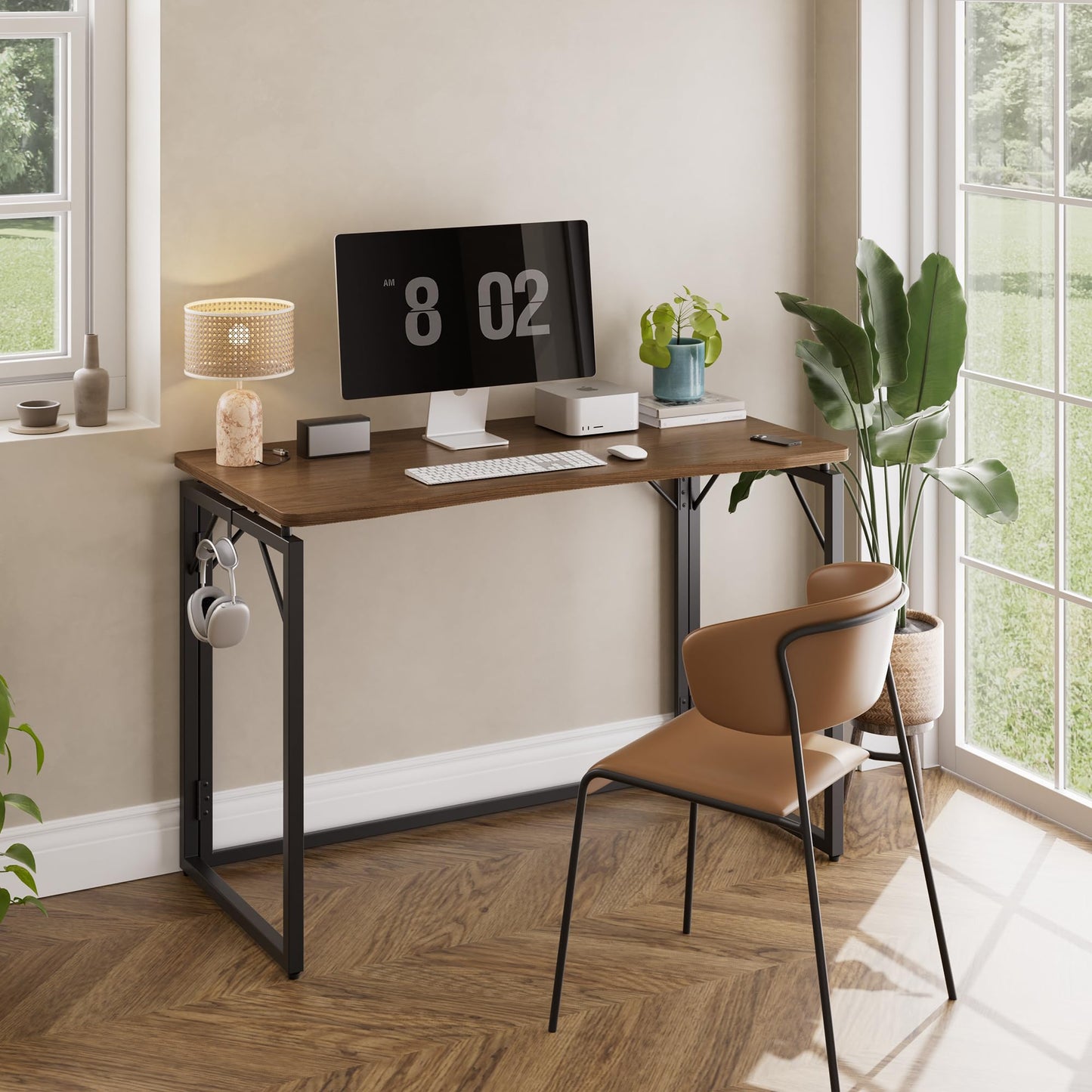 JOYMOOP 80 x 40 cm Folding Desk - Brown, No Assembly Small Foldable Desk for Home, Office, Wooden Top Folding Computer Desk for Working, Writing