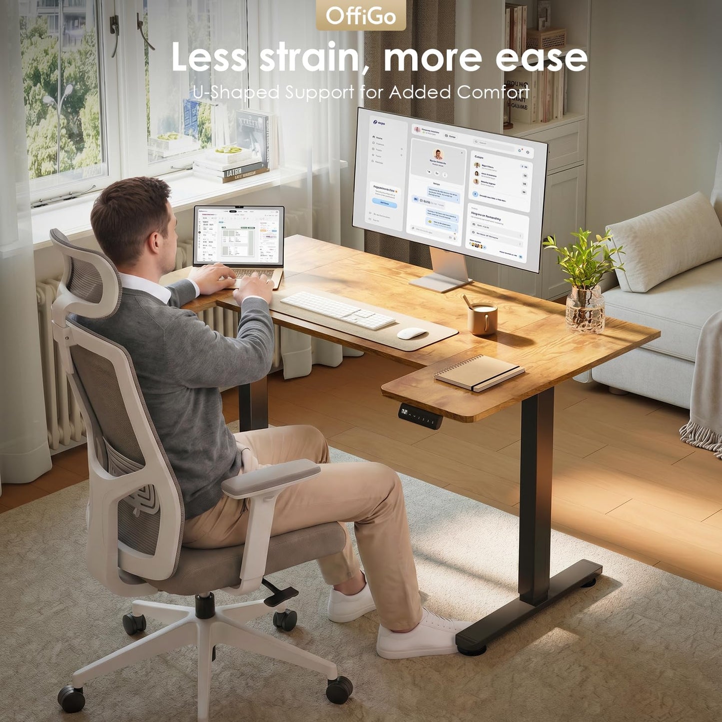 OffiGo Height Adjustable Desk, U Shaped Standing Desk with 3 Memory Presets