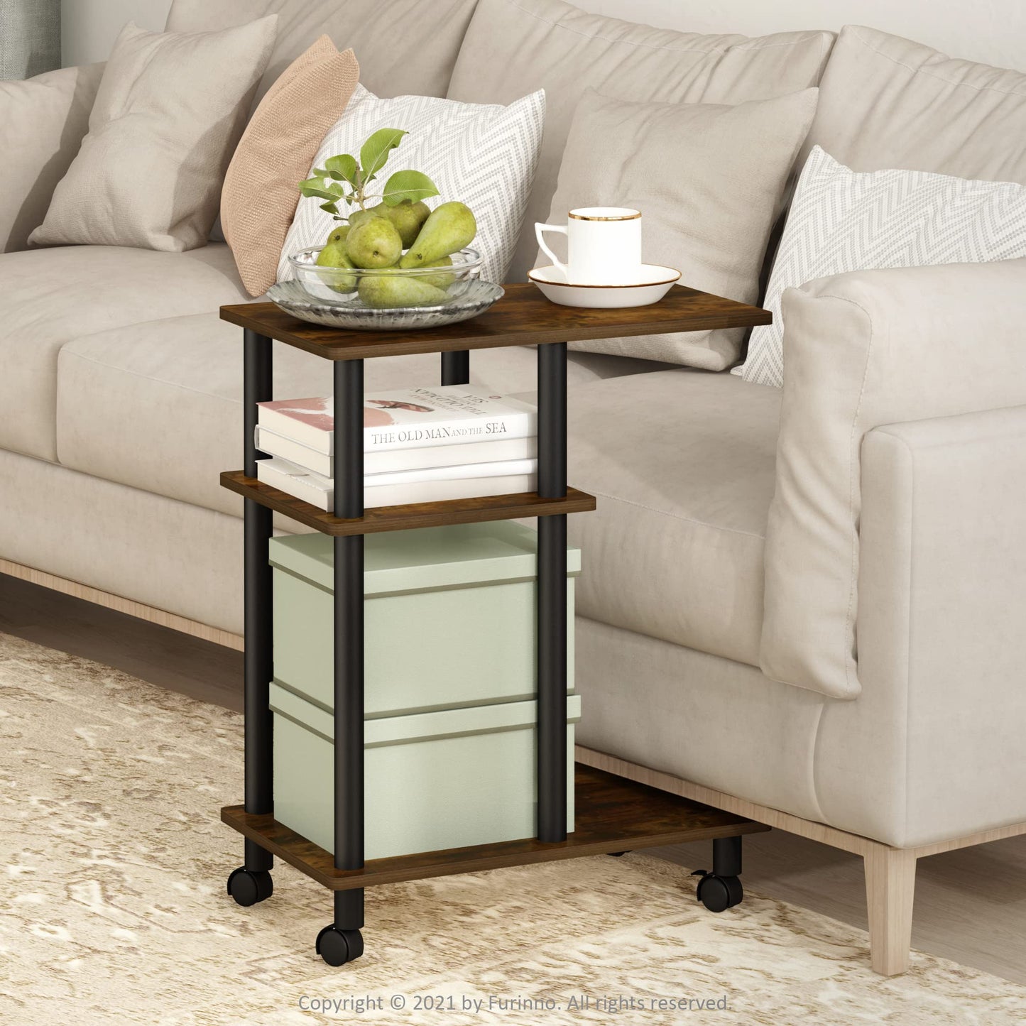 Furinno TURN-N-TUBE Side Table, 3-Tier C-Shape End Table with Wheels, Toolless Assembly Night Stand, Bedside Table with Open Shelf, for Living Room
