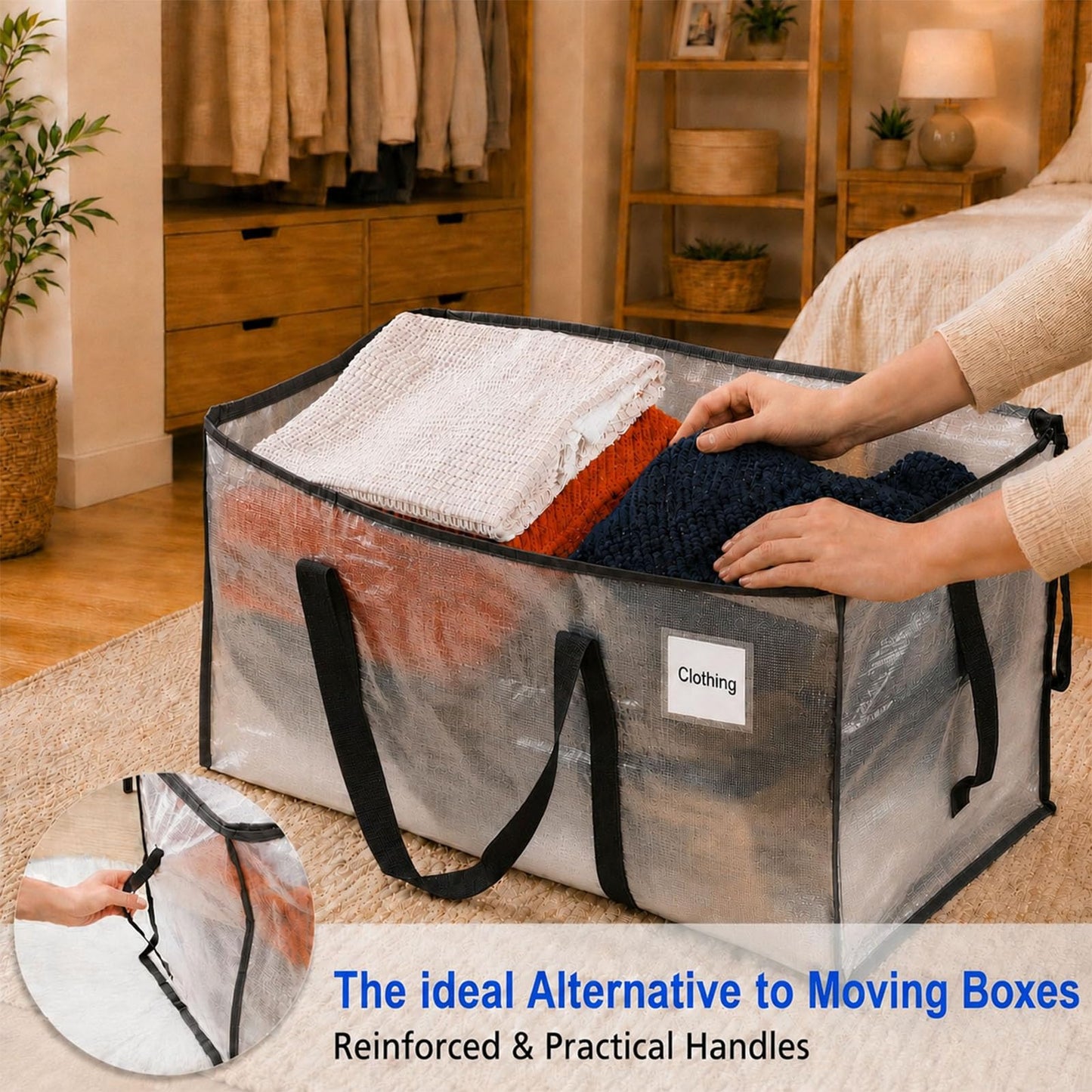 Moving bags 94L Large Clear Storage bags packing boxes Heavy Duty PP Woven Bags with Reinforced Handles and Zipper Foldable for Clothes Bedding