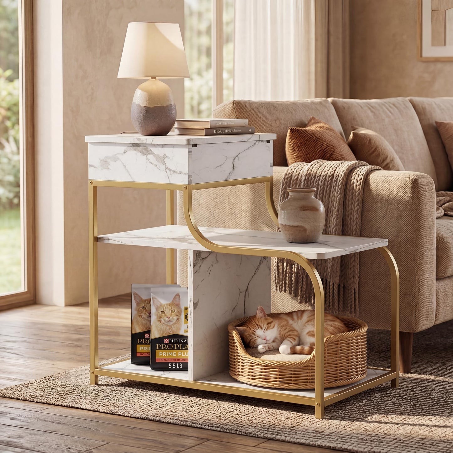 DAWNYIELD Side Table with Hidden Charging Station, Gold & White