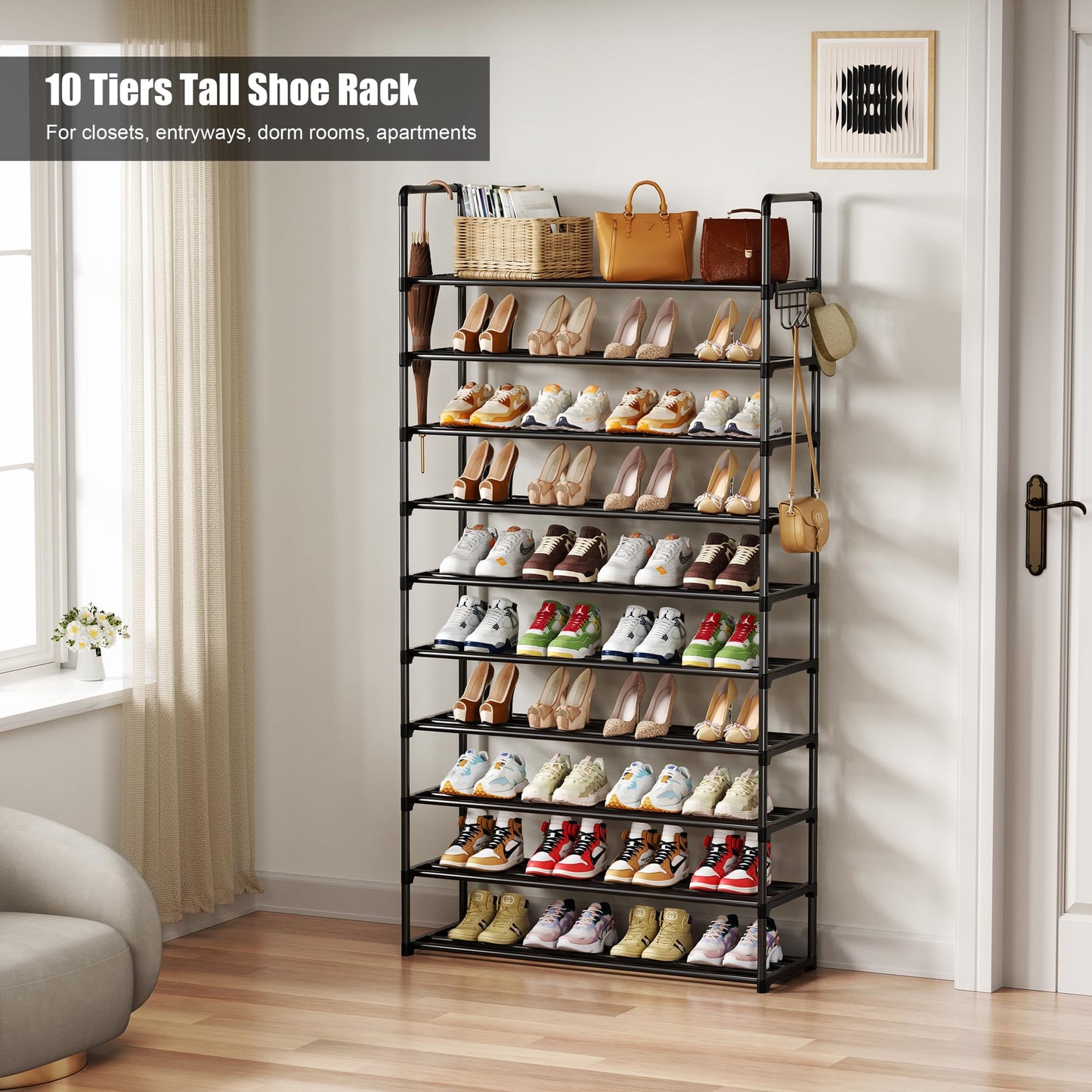 SPUSEN Metal Shoe Rack, 10 Tier Shoe Storage Organizer with Hooks,Fit 40-45Pairs Shoes,Metal Tall Shoe Shelf for