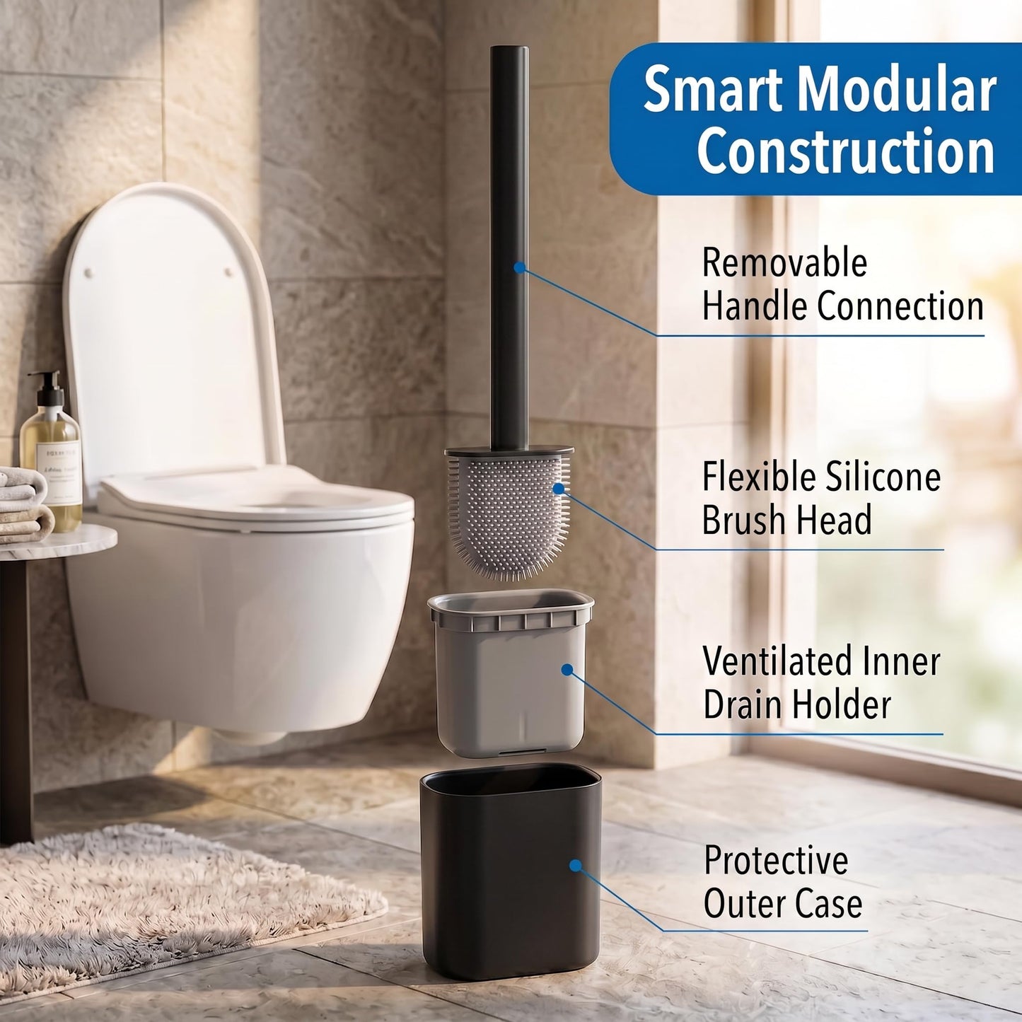 HomlyPro 2 Pack Silicone Toilet Brush and Holder Set, Deep Cleaning Flexible Bristles, Long Handle, Quick Drying Anti-Drip Base