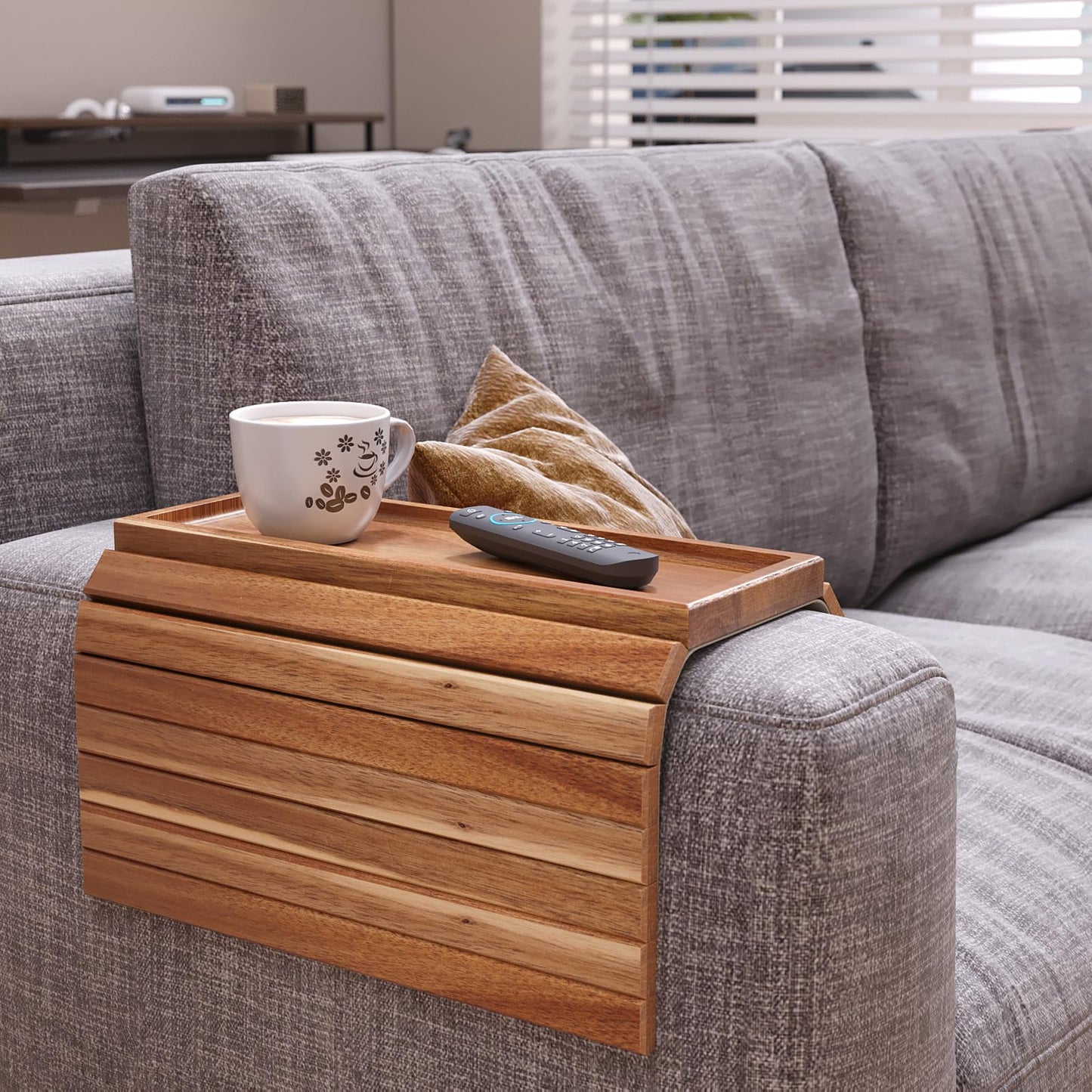Fibogollo Sofa Arm Tray,Acacia Wood Folding Couch Arm Tray,1 pc Sofa Armrest Tray with Anti-Slip Pad for Drinks,Snacks,Phone,Remote Control