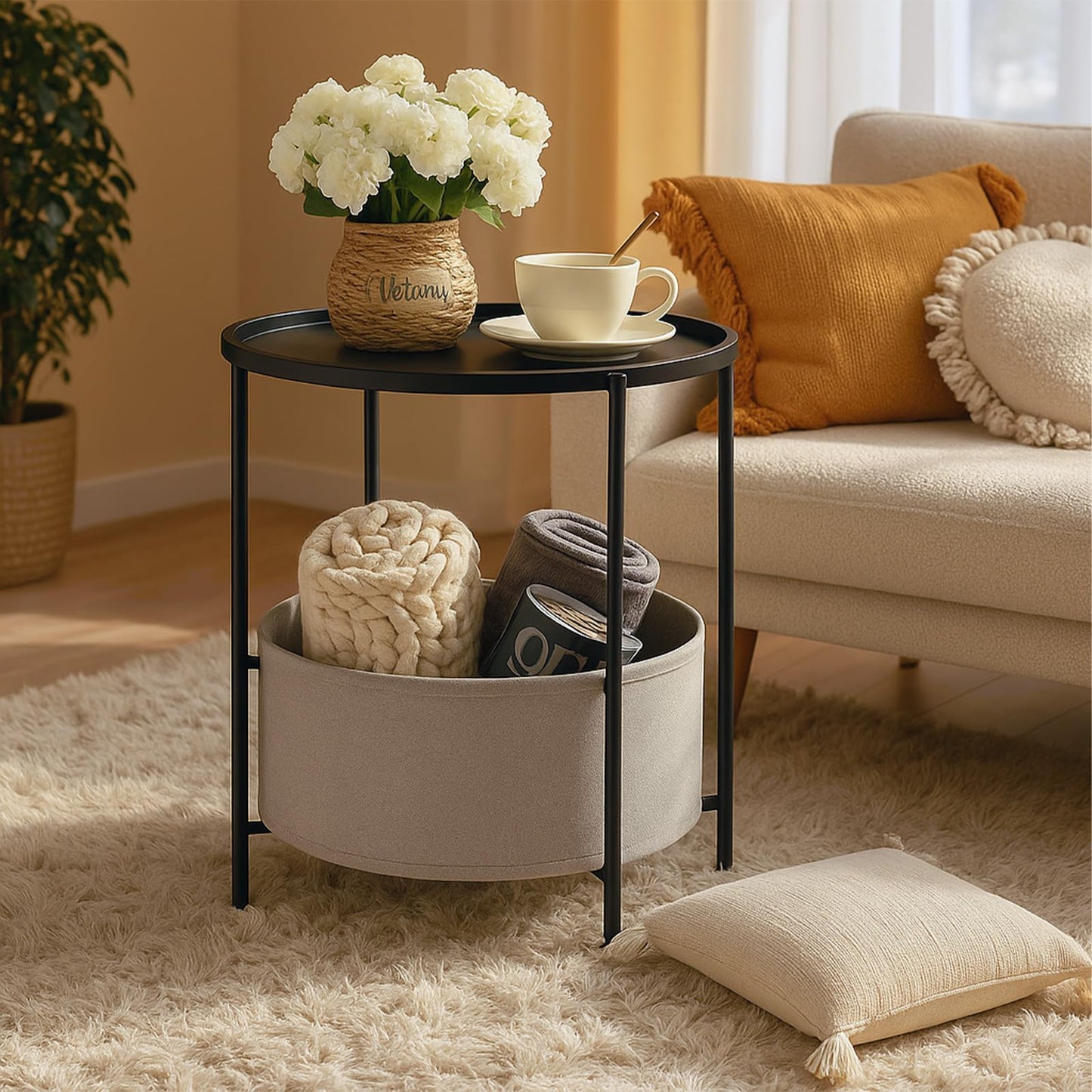 Rinkgarden Round Side Table with Fabric Basket, Modern and Sturdy, Metal End Table for Living Room, Bedroom, Bedside Table, Nursery