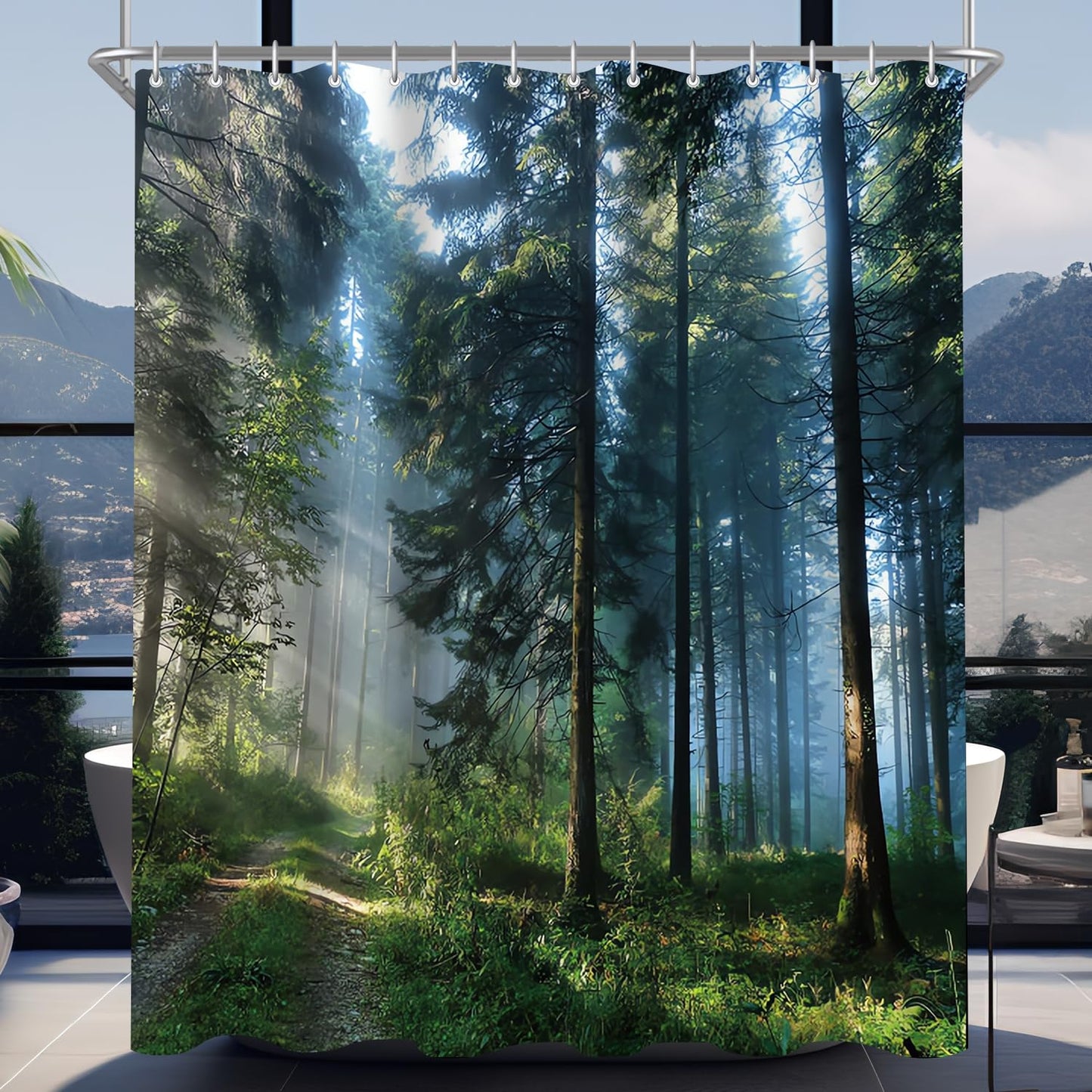 Lerores Shower Curtain, 120 x 180 cm, Forest Jungle, Weighted Hem, Anti-Mould Textile, Water-Repellent