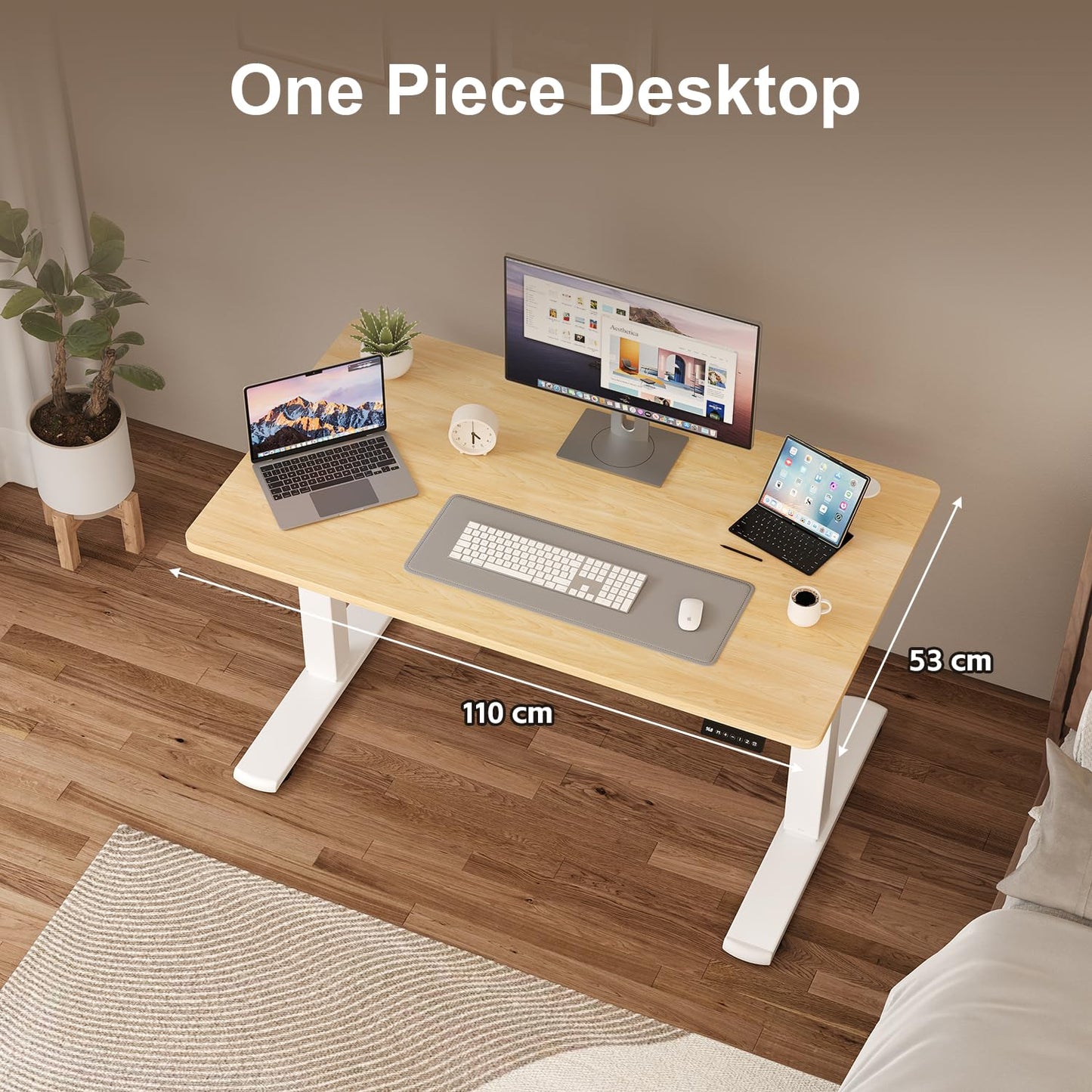 JUMMICO Height Adjustable Desk COMPLETE TABLE TOP Electric Desk Height Adjustable with Memory Function Standing Desk Computer Desk 110 x 53 cm Beige
