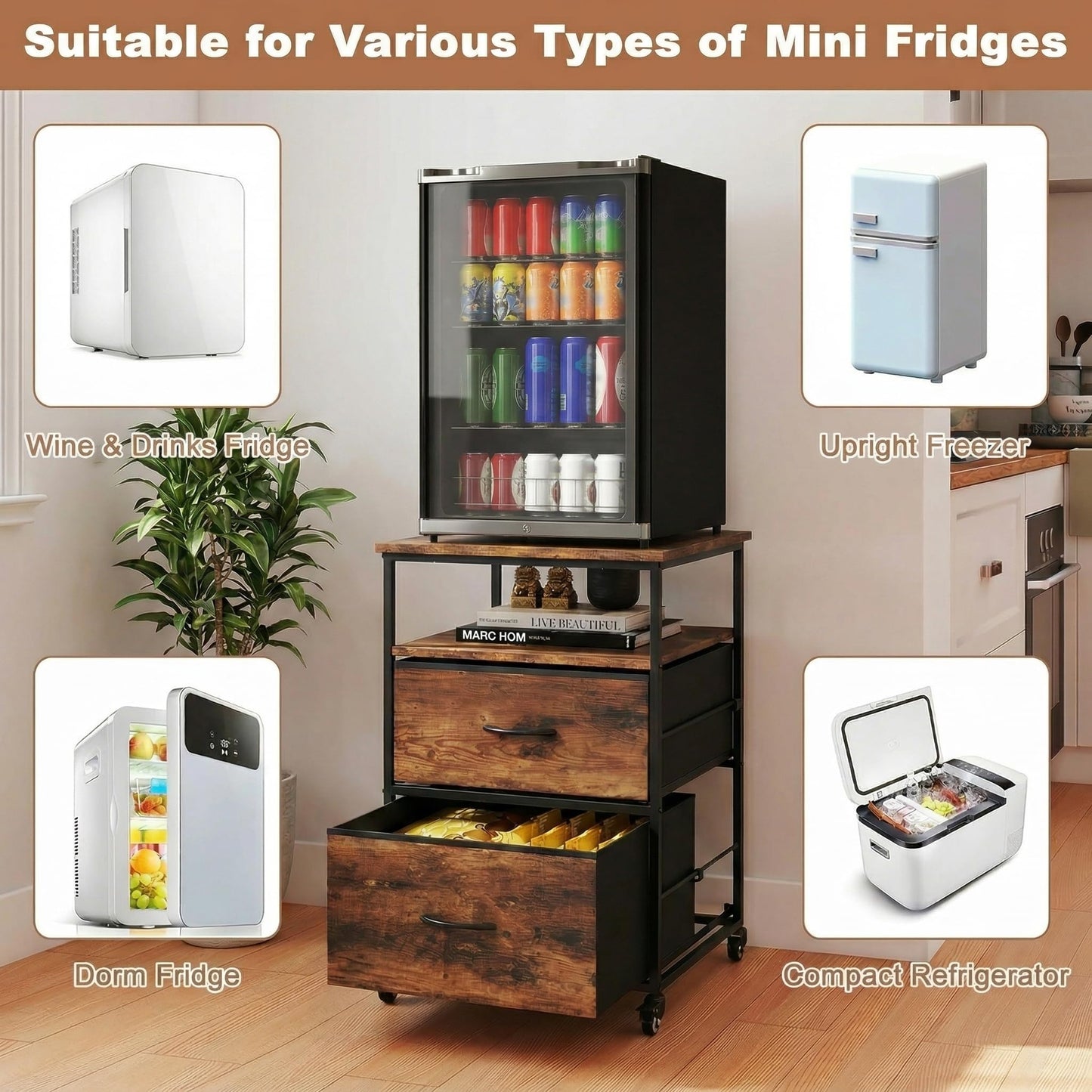 Turosur Mini Fridge Stand with Storage& Wheels, drinks fridge stand 167KG