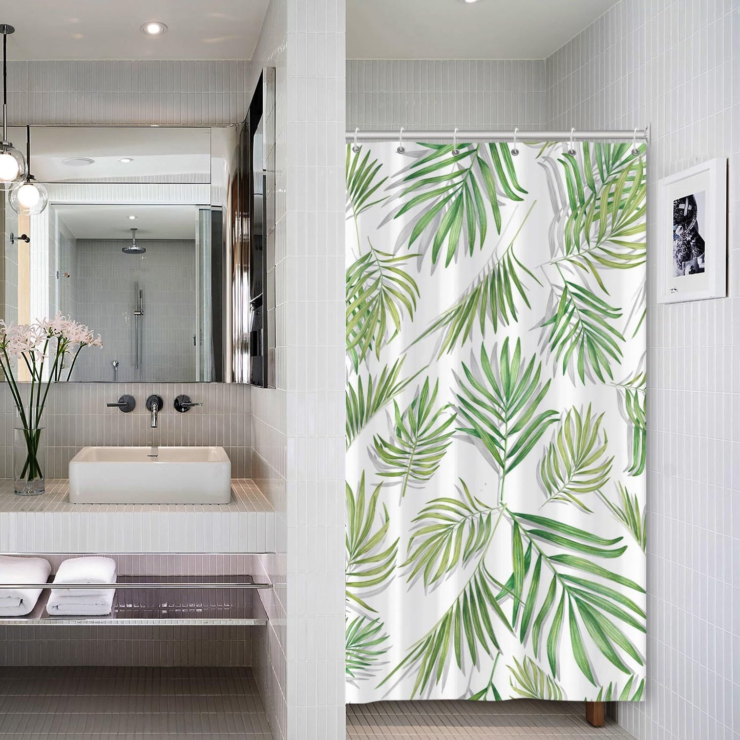 Bovlleetd Sage green leaf stall shower curtain spring watercolor natural eucalyptus leaves shower curtain for bathroom green and white botanical