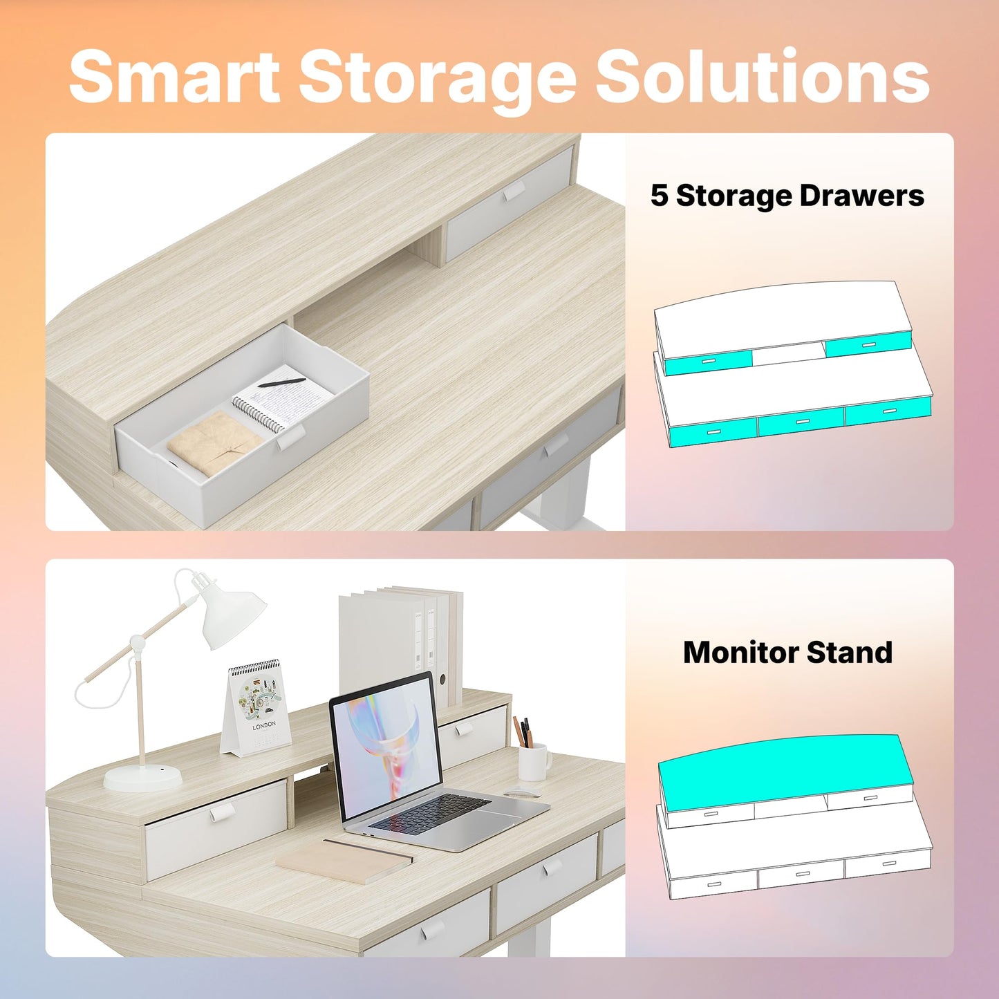 HUANUO Standing Desk with Drawers, 100x60cm, Natural
