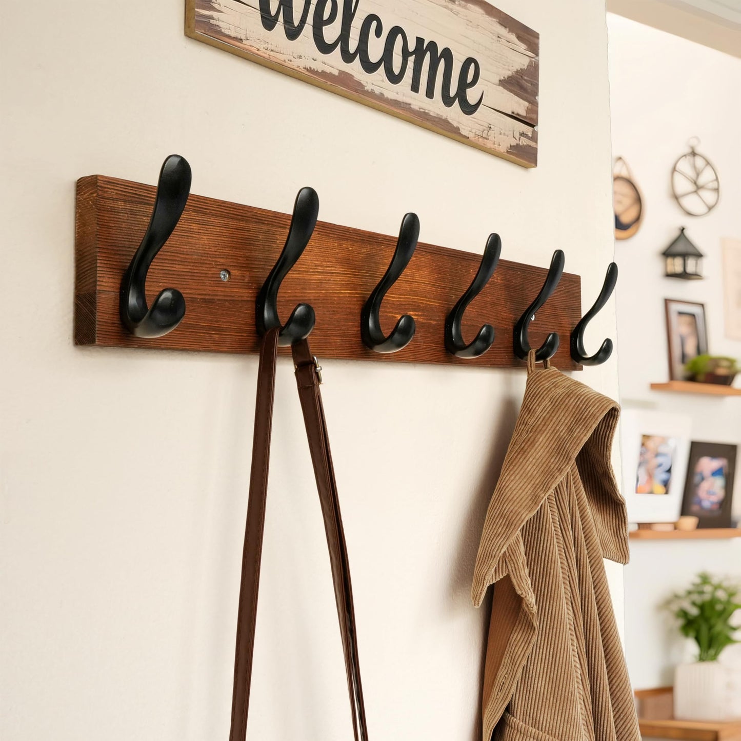 HONSKY Coat Rack Wall Mounted,61cm Long,Brown Wooden Base, 6 Double Hooks,Large Wall Coat Rack,Coat Hanger Wall Mounted,Wooden Coat Rack,Brown/Black