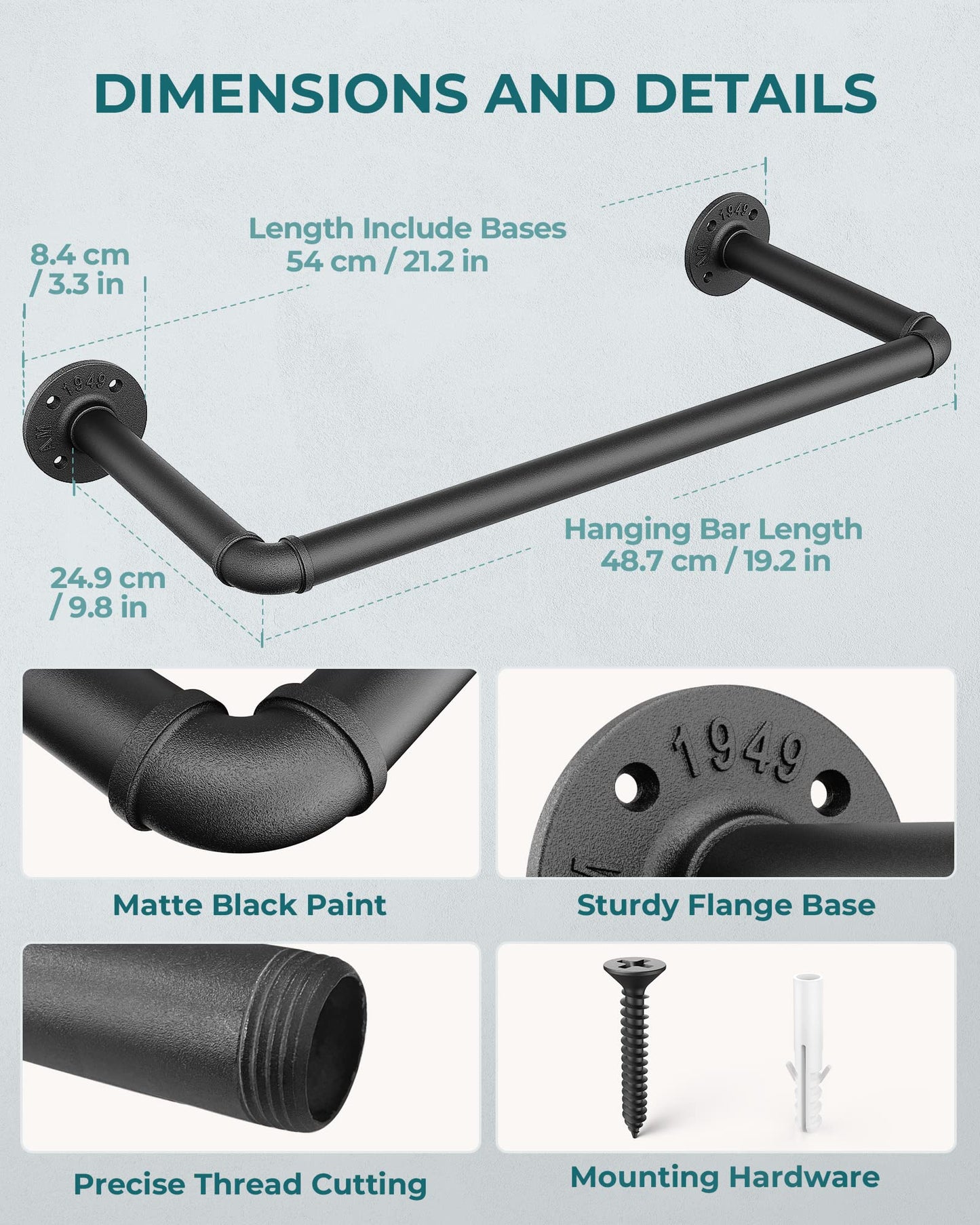 OROPY Set of 2 Wall Mounted Clothes Rail, 49cm Industrial Pipe Clothes Rack