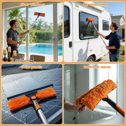 Window Cleaning Squeegee & Washer Set, 2-in-1 Window Cleaning Equipment with 2m6.6Ft Extendable Pole & 400ml Glass Cleaner,Streak-Free Cleaning for