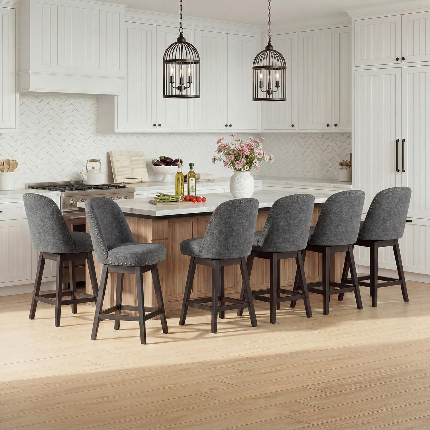 Bar Stools Set of 6, 360° Swivel Counter Stools with Upholstered Seat, Wooden Frame & Nailhead Trim