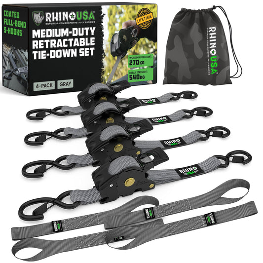 Rhino USA Retractable Ratchet Straps (4-Pack) - 2.5cm x 3m (540kg Break Strength) - Medium Duty Auto Self-Retracting Tie Down Straps for Truck, Cargo