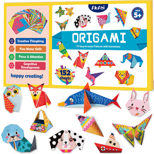 AluAbi Origami Kit for Kids Ages 6-12,152 Sheets Double Sided Origami Paper Set with Guiding Book,72 Patterns, Square Folding Paper,DIY Children's Art