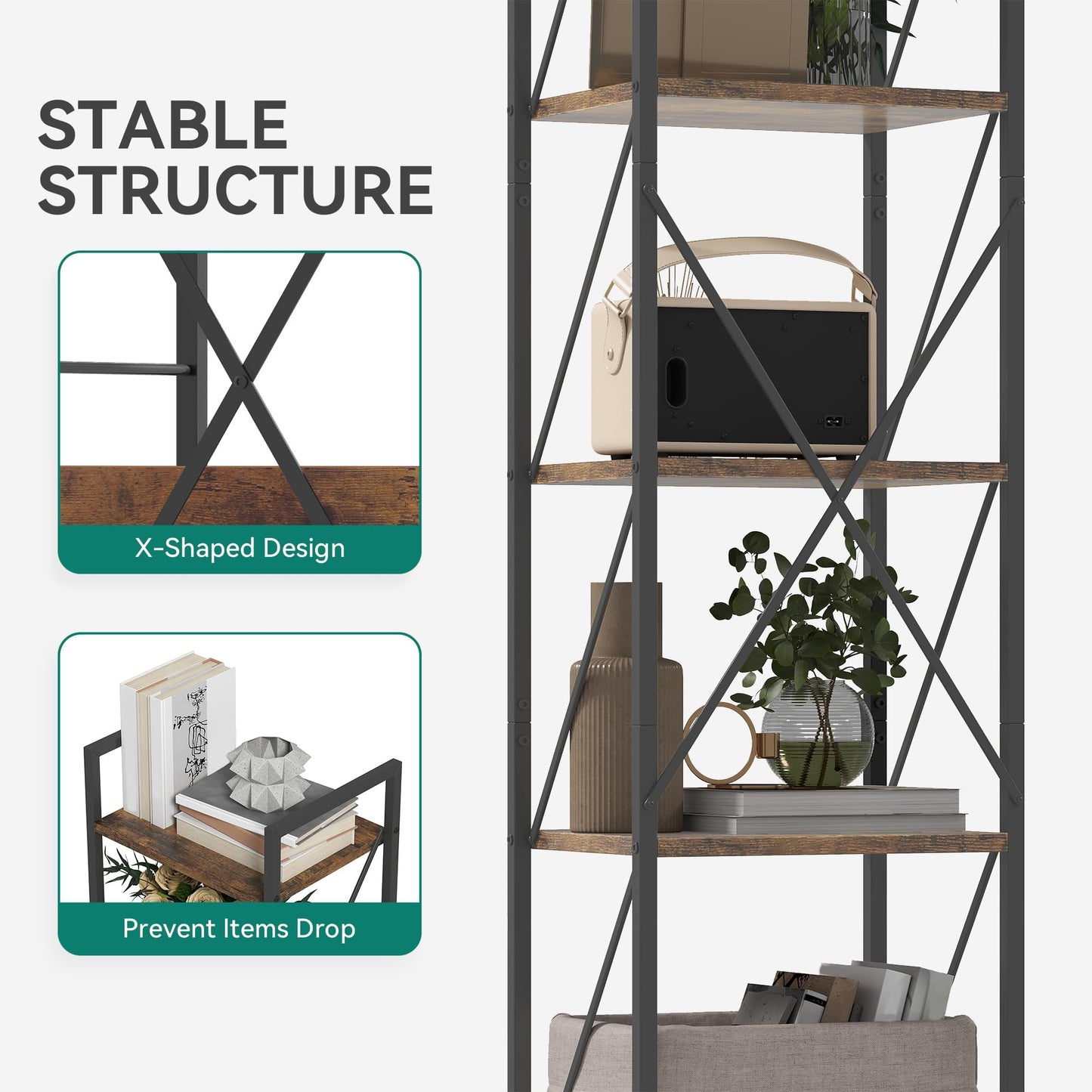 YITAHOME Bookcase, 5 Tier Industrial Shelving Unit, Wooden Shelves and Metal Frame, Display Storage Rack for Living Room, Home Office, Kitchen
