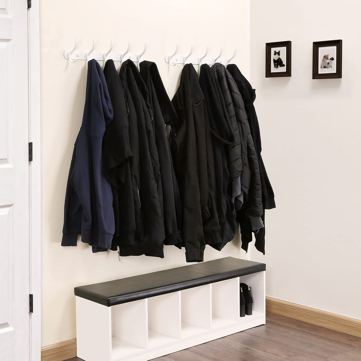 SKOLOO Modern Metal Coat Rack Wall Mount with 5 Hooks, Pack of 2, Sturdy Wall Coat Hooks for Hanging Coats, Jacket, Clothes, Hat, White