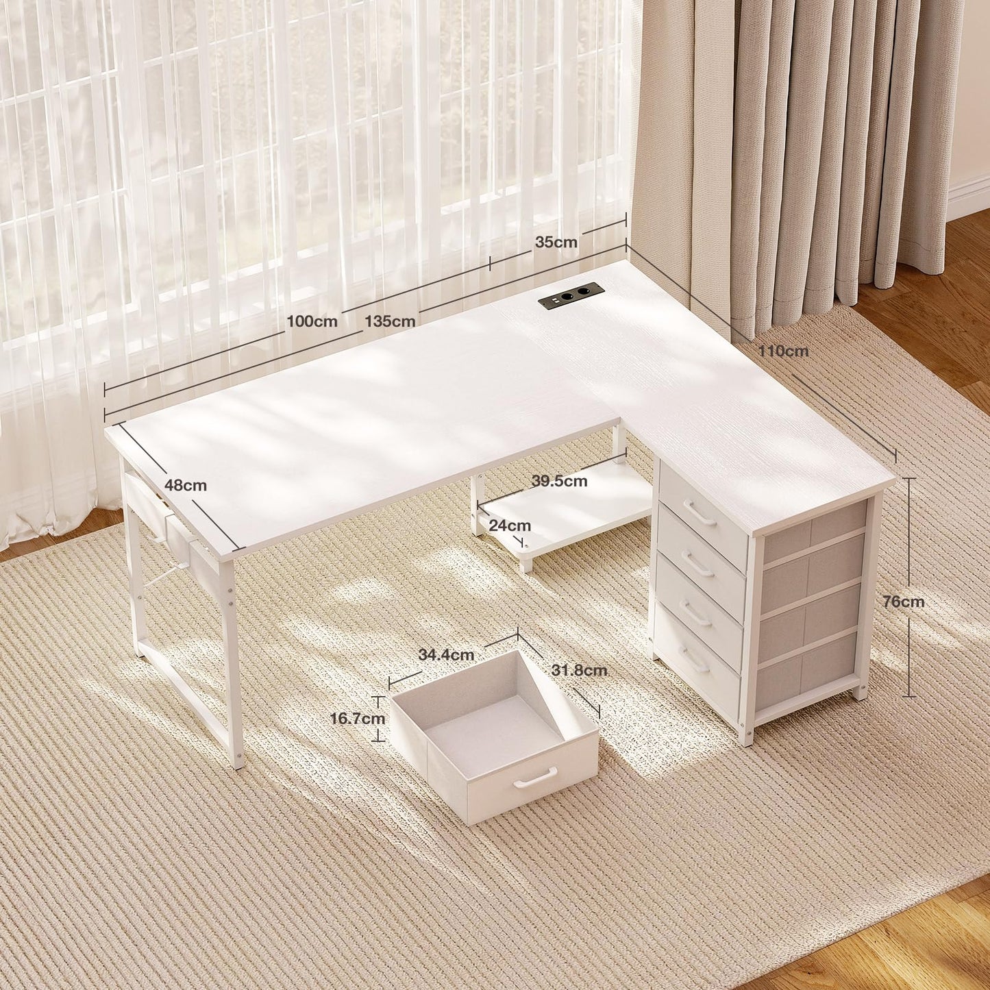 ODK Corner Desk with Drawers, 135 × 100 cm, L-Shaped Desk, White