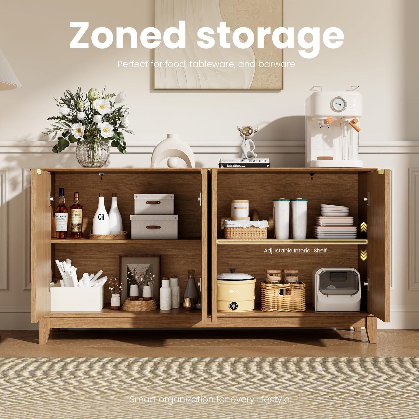 COLAMY Sideboard Cabinet, Wooden Sideboard Cabinet with 4 Doors, Textured Design, Adjustable Shelves, Soft Close Hinges