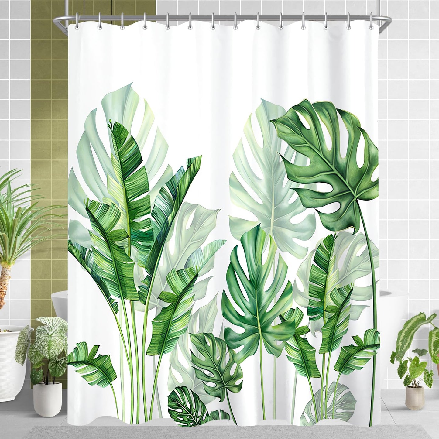Lerores Shower Curtain, 200 x 160 cm, Green Leaves, Weighted Hem, Anti-Mould Textile, Water-Repellent