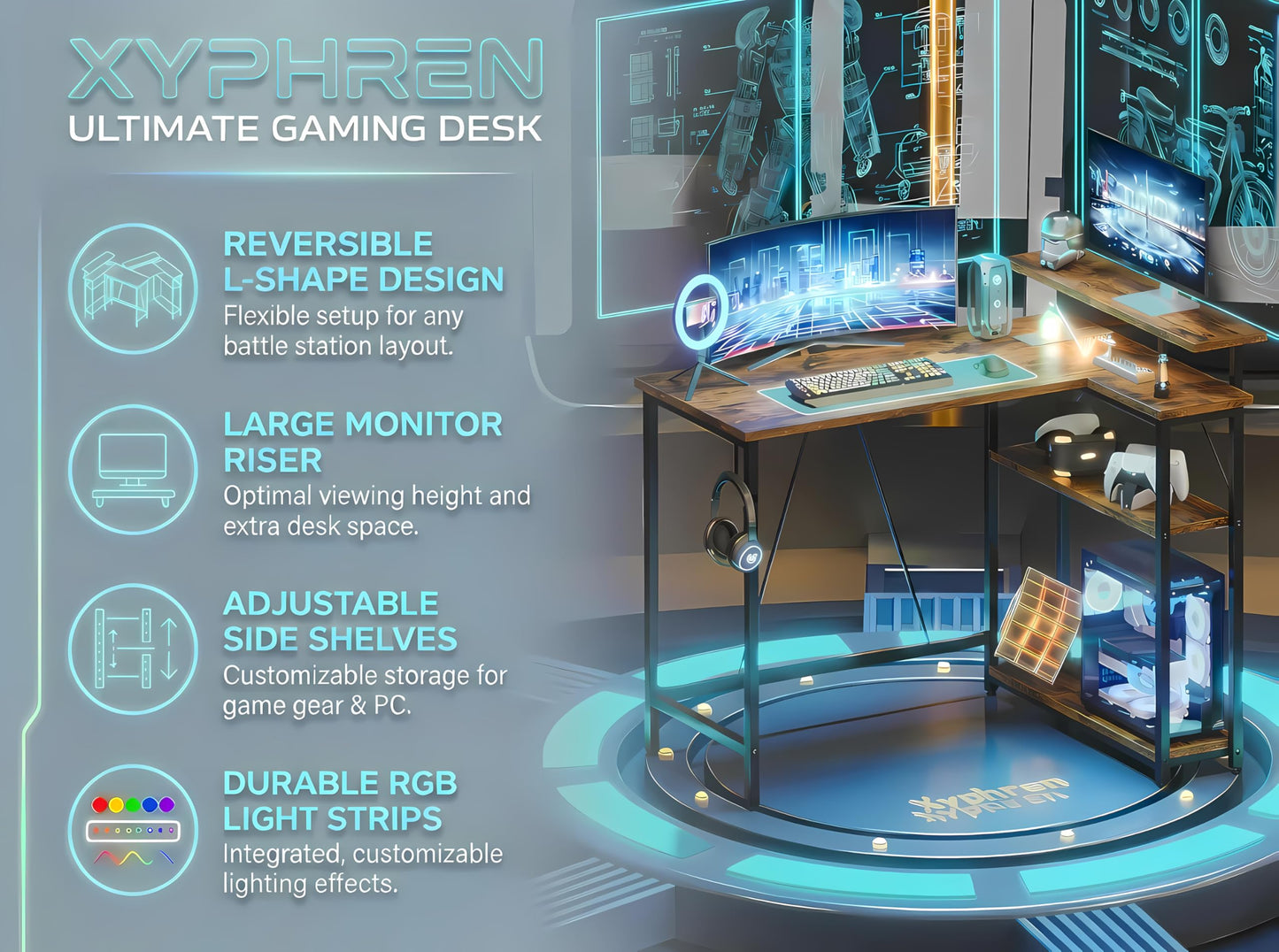 Xyphren L Shaped Gaming Desk with RGB LED Lights & Power Outlets,Corner Computer Desk with Adjustable Shelves