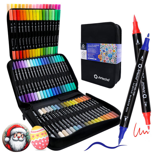 Artecho Acrylic Paint Markers 72 Colors with Bag, Acrylic Paint Pens with Brush Tip and Fine Tip for Stone, Rock Painting, Paper, Pumpkin, Wood, Egg,